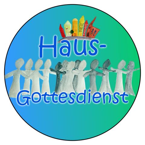 gemaltes Bild im Kreis: Wort 'Haus' und das Wort 'Gottesdienst' in der Mitte untereinander stehend, dazwischen in grau Menschenmenge. Über dem Wort Haus: Häuser in geschwungener Form