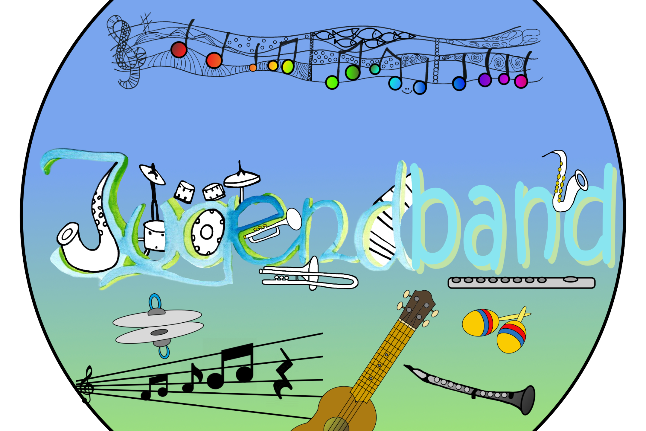 gemaltes Wort 'Jugendband' mit verschiedenen Zeichnungen von Instrumenten