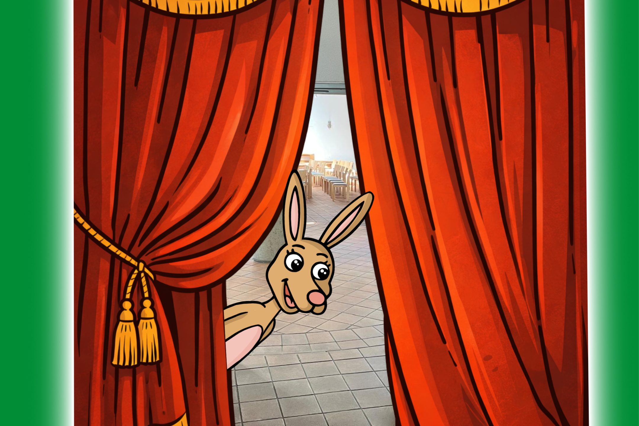 In einem grünen Rahmen schaut hinter einem rot-goldenen Vorhang Kängu hervor. Im Hintergrund sieht man den Kirchraum mit Stühlen.