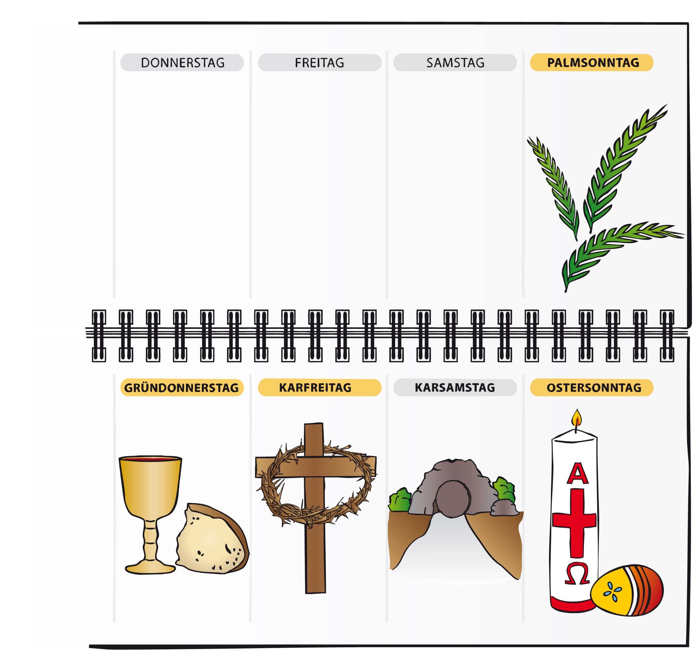 Ein geöffneter Kalender mit weiteren Bildern. Oben Palmsonntag (Palmzweige) und unten dann die Karwoche. Beginnend mit Kelch und Brot am Gründonnerstag, am Karfreitag dann ein Kreuz mit einer Dornenkrone, am Karsamstag dann ein Felsengrab mit einem Stein. Am Ostersonntag dann eine weiße Kerze mit A (Alpha) und  (Omega). In der Mitte ein rotes Kreuz. Neben der Kerze dann ein Osterei.