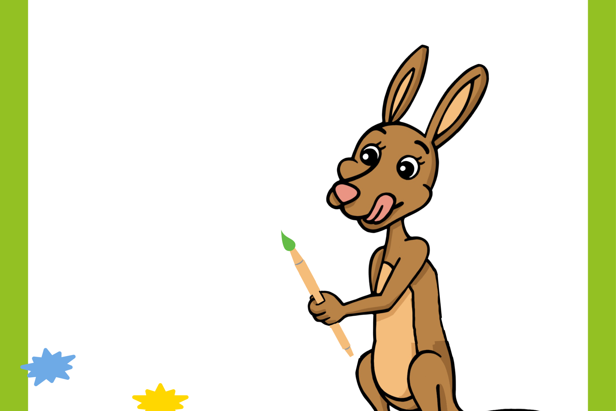 In einem grünen Rahmen Kängu und Farbspritzer auf dem Boden. In der Hand hält Kängu einen Pinsel.