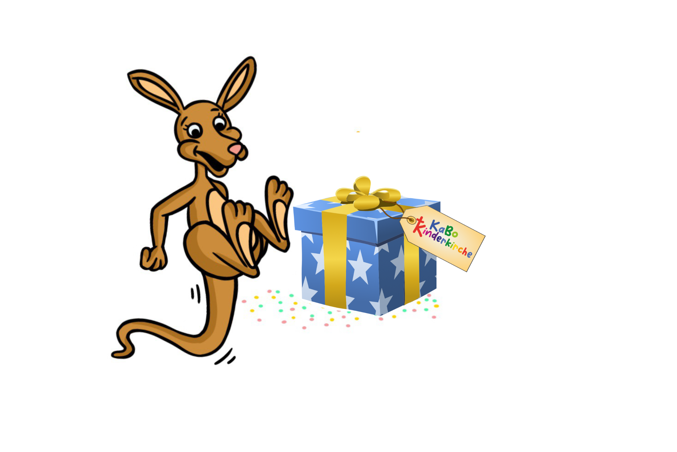 Kängu freut sich, daneben eine blaue Geschenkbox mit weißen Sternen und einer gelben Schleife sowie auch ein hellbrauner Anhänger mit dem KaBo Kinderkirchen-Schriftzug.