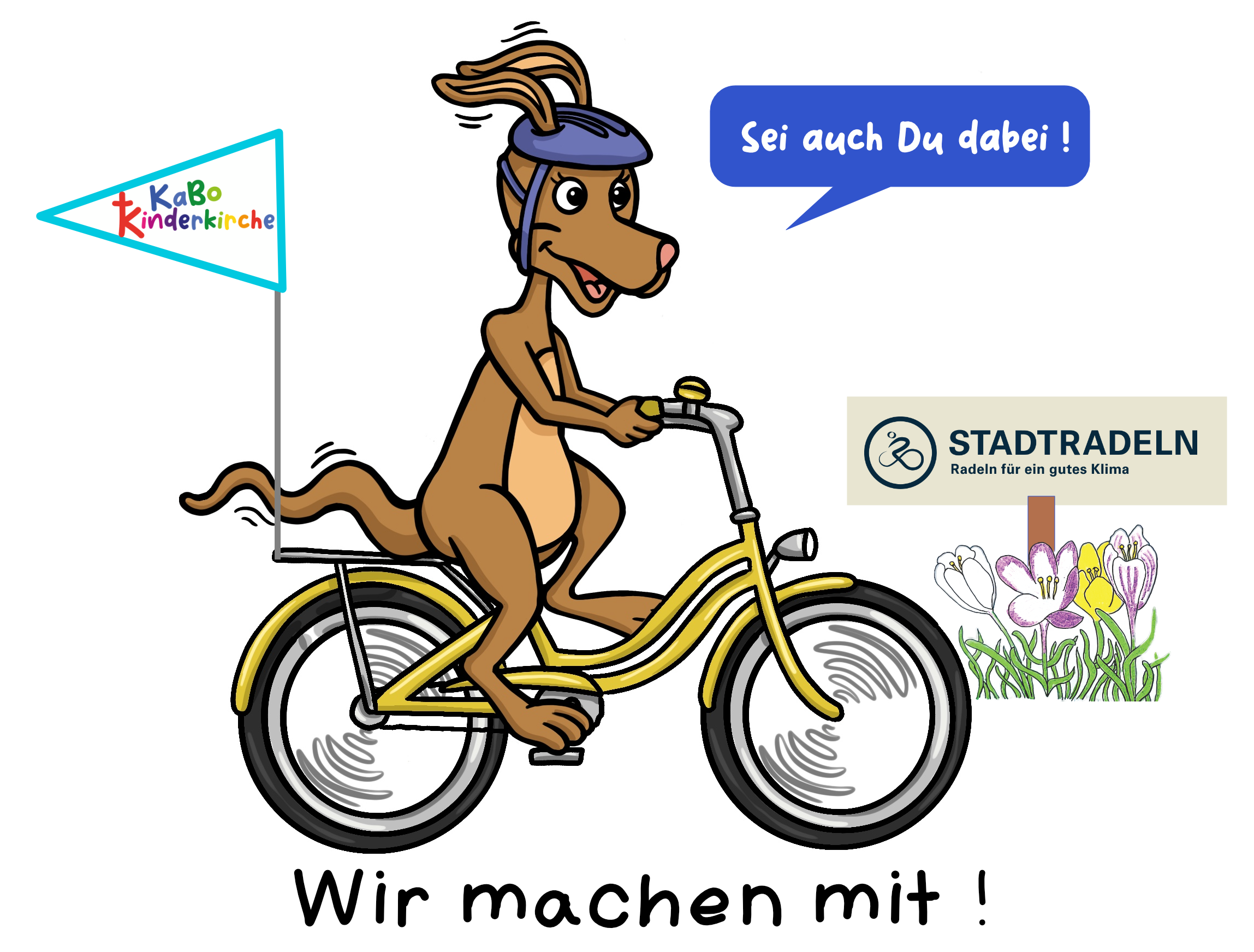 Kängu auf einem gelben Farrad sitzend mit einem lila Fahrradhelm. Am Ende des Fahrrads weht eine türkise Fahne mit dem Logo der KaBo Kinderkirche. An der Seite findet sich eine bunte Blumenwiese und ein blaues Schild. Auf diesem Schild ist in blauer Farbe der Schriftzug 'STADTRADELN - Radeln fürs Klima' zu lesen.