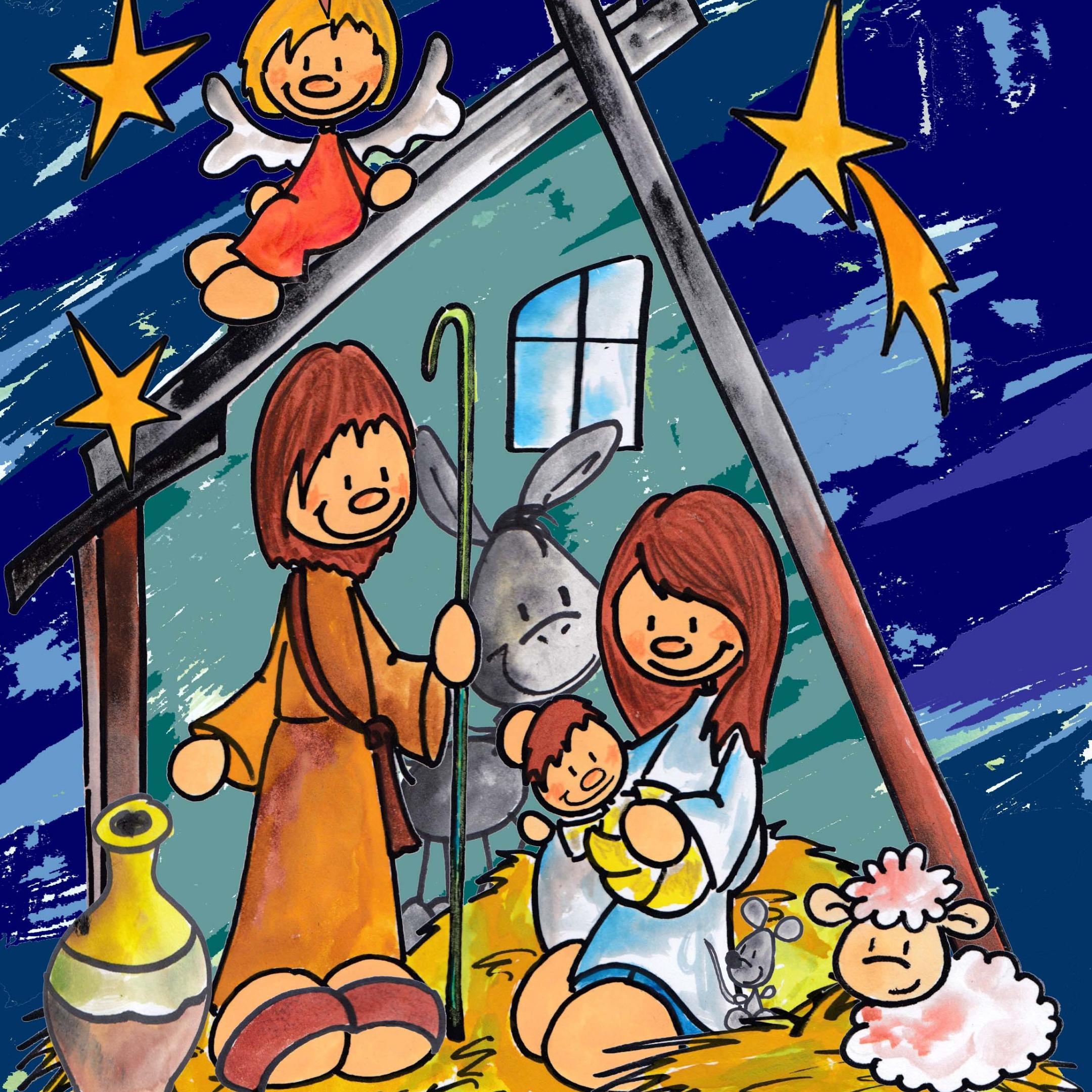Ein Stall mit Maria und Josef. Neben dem Stall ein leuchtender Stern und auf dem Stall ein Engel. Im Hintergrund ein gezeichneter Himmel.