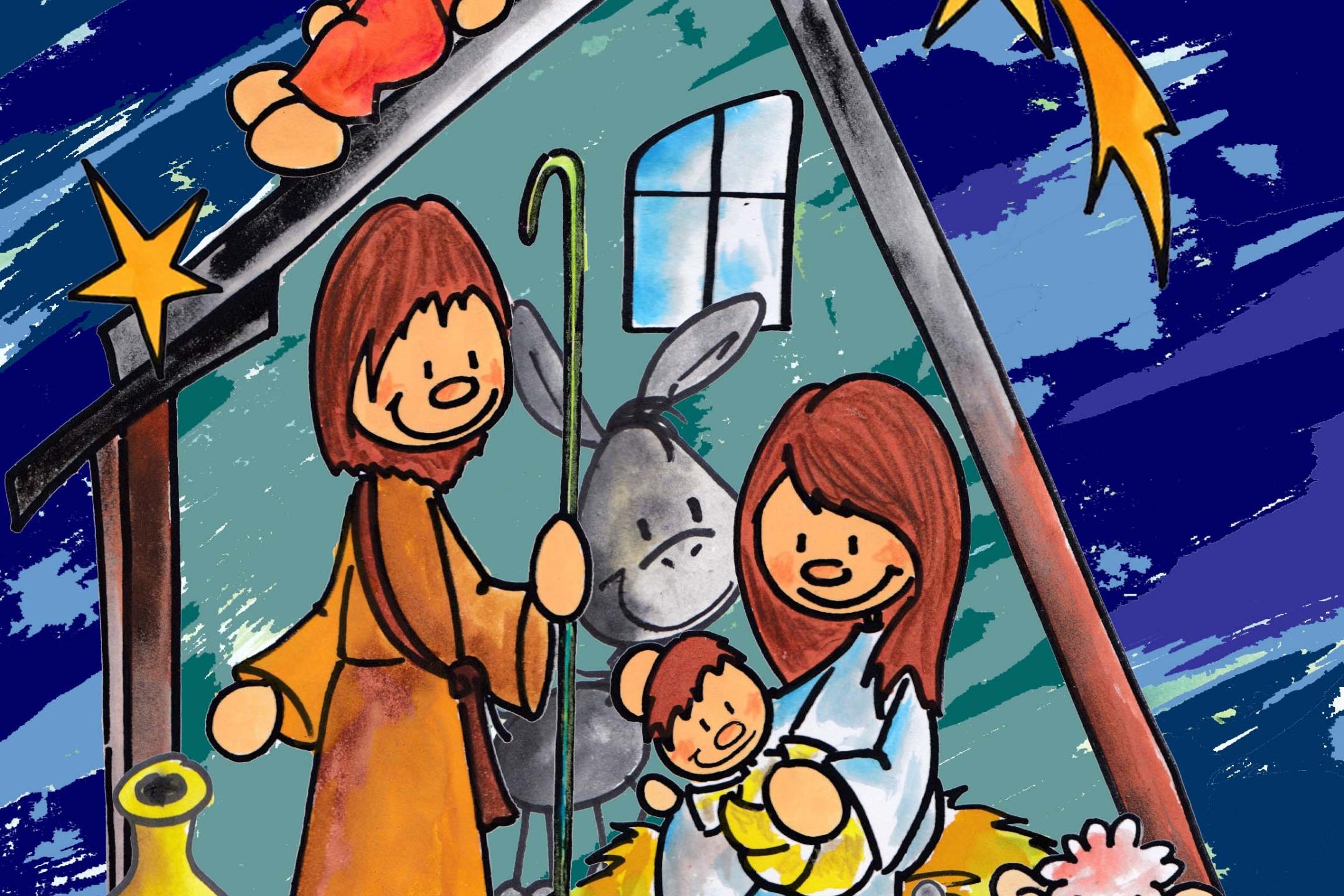 Ein Stall mit Maria und Josef. Neben dem Stall ein leuchtender Stern und auf dem Stall ein Engel. Im Hintergrund ein gezeichneter Himmel.