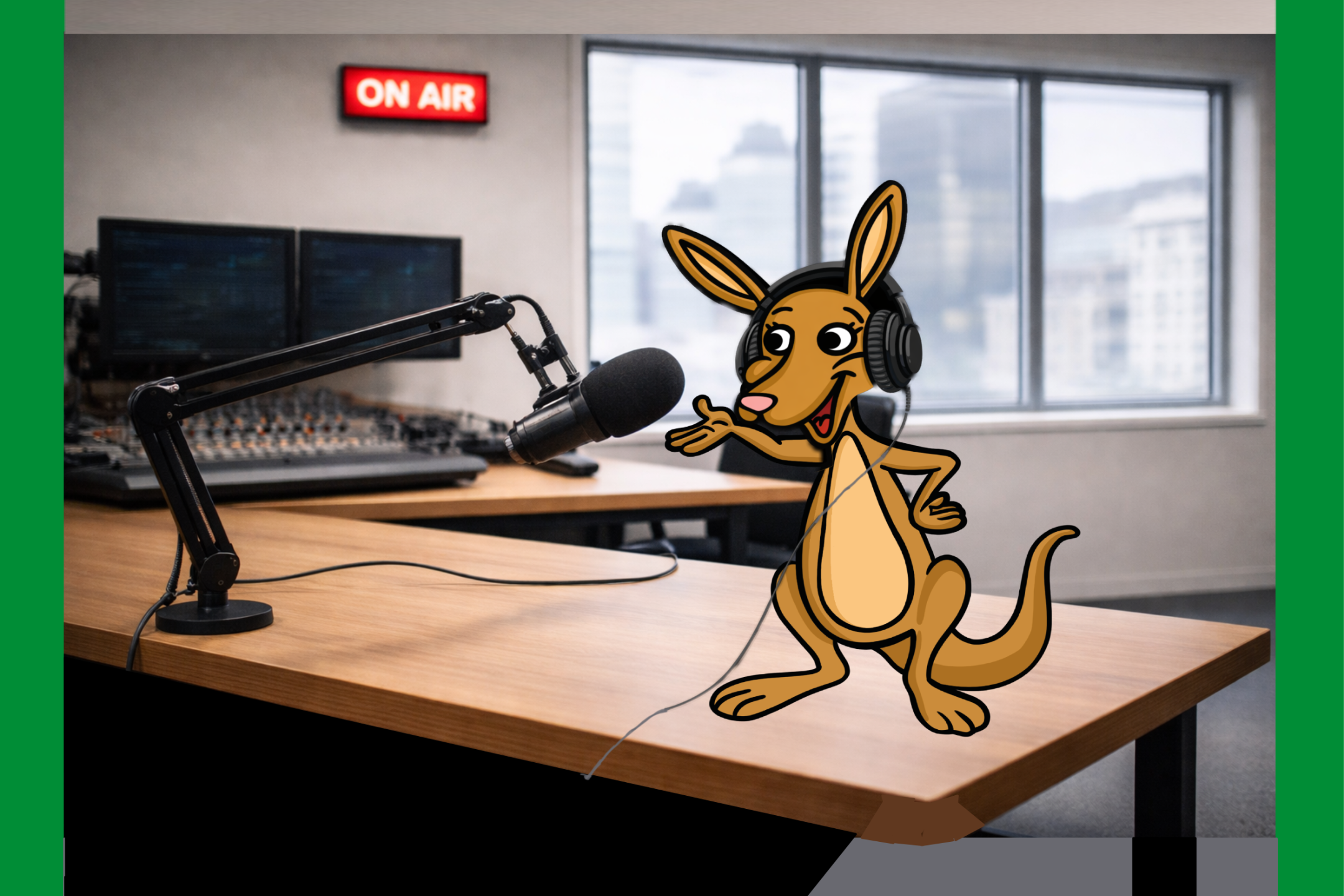 Kängu steht auf einem Tisch neben einem Radiomikrofon. Im Hintergrund ein Raum mit Fenstern und Equipment fürs Radio. Zudem findet sich eine Anzeige in rot mit 'On AIR'. Das gesamte Bild ist in einem grünen Rahmen.