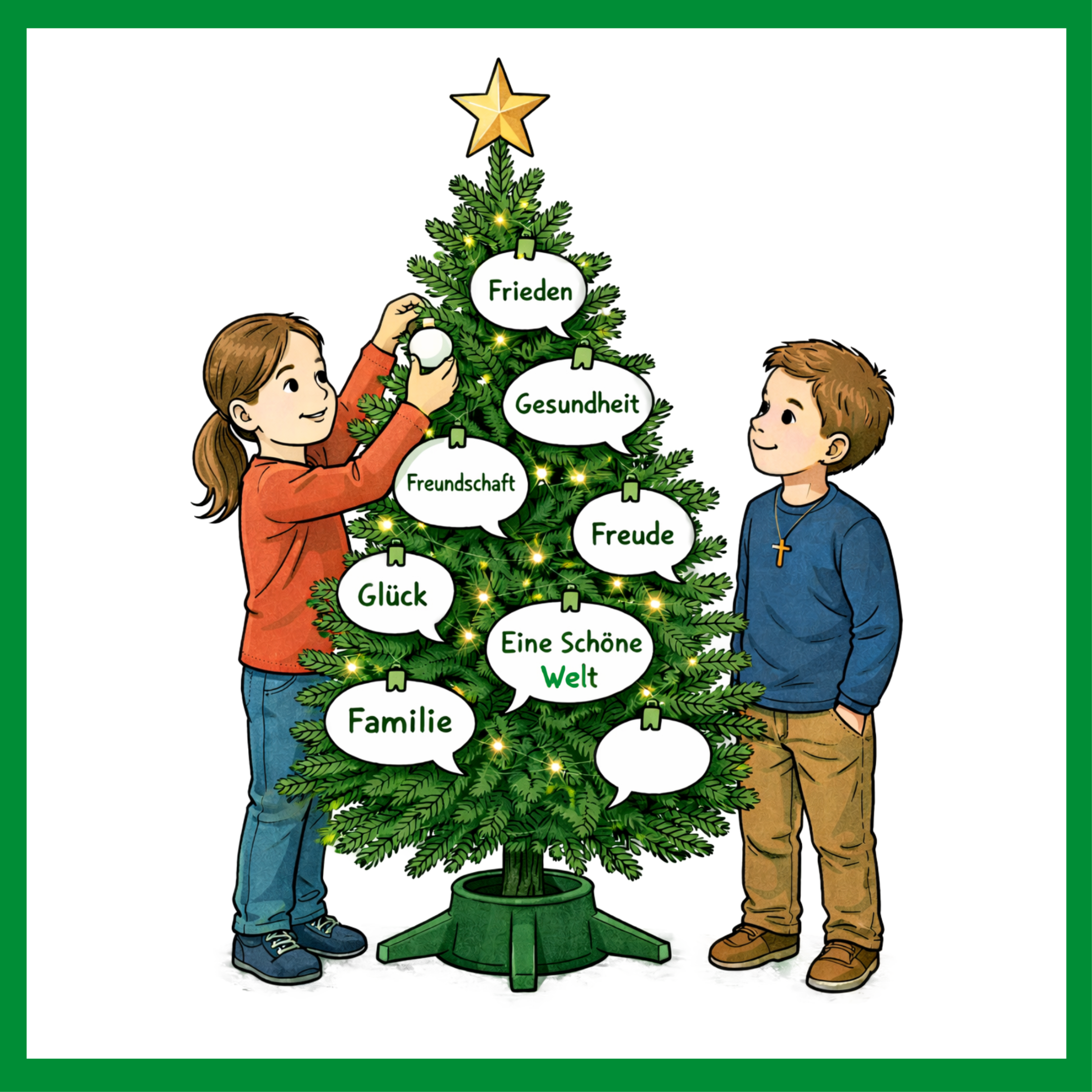 In einem grünen Rahmen ist ein grüner Weihnachtsbaum an dem mehrere weiße Sprechblasen mit grüner Schrift hängen, oben auf dem Baum ist ein goldener Stern. Links neben dem Baum steht ein Mädchen mit einem roten Shirt und blauer Jeans, rechts steht ein Junge mit einem blauen  Pullover mit einem Kreuz und brauner Hose.