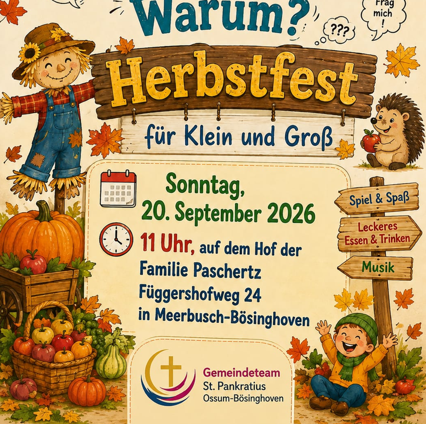 Viel Text zwischen herbstlichen Attributen wie Vogelscheuche, Igel, Kürbisse