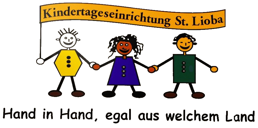 ZEichnung: 3 Kinder mit verschiedenen Hautfarben stehen Hand in Hand.