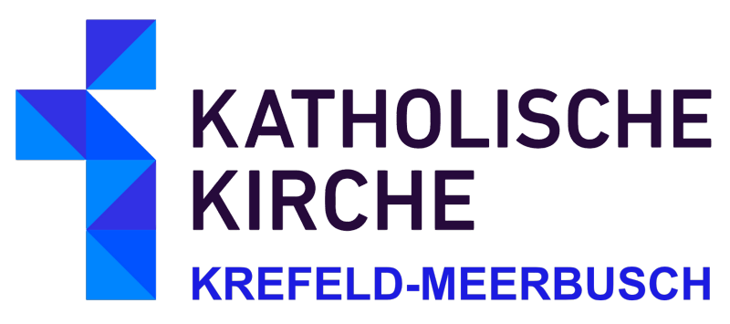 angedeuetes Kreuz bestehend aus verschieden blauen Dreiecken; daneben Text: Katholische Kirche, Krefeld-Meerbusch