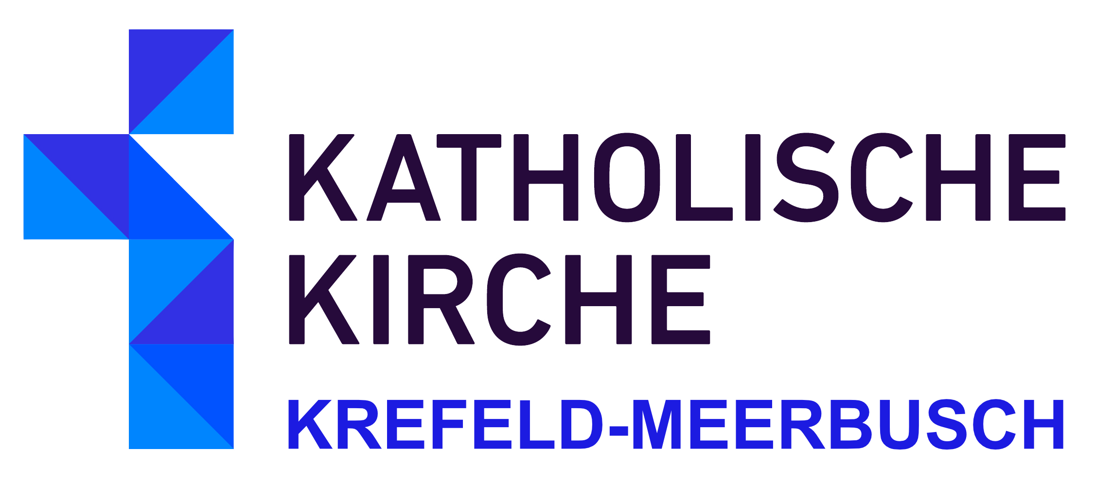 angedeuetes Kreuz bestehend aus verschieden blauen Dreiecken; daneben Text: Katholische Kirche, Krefeld-Meerbusch