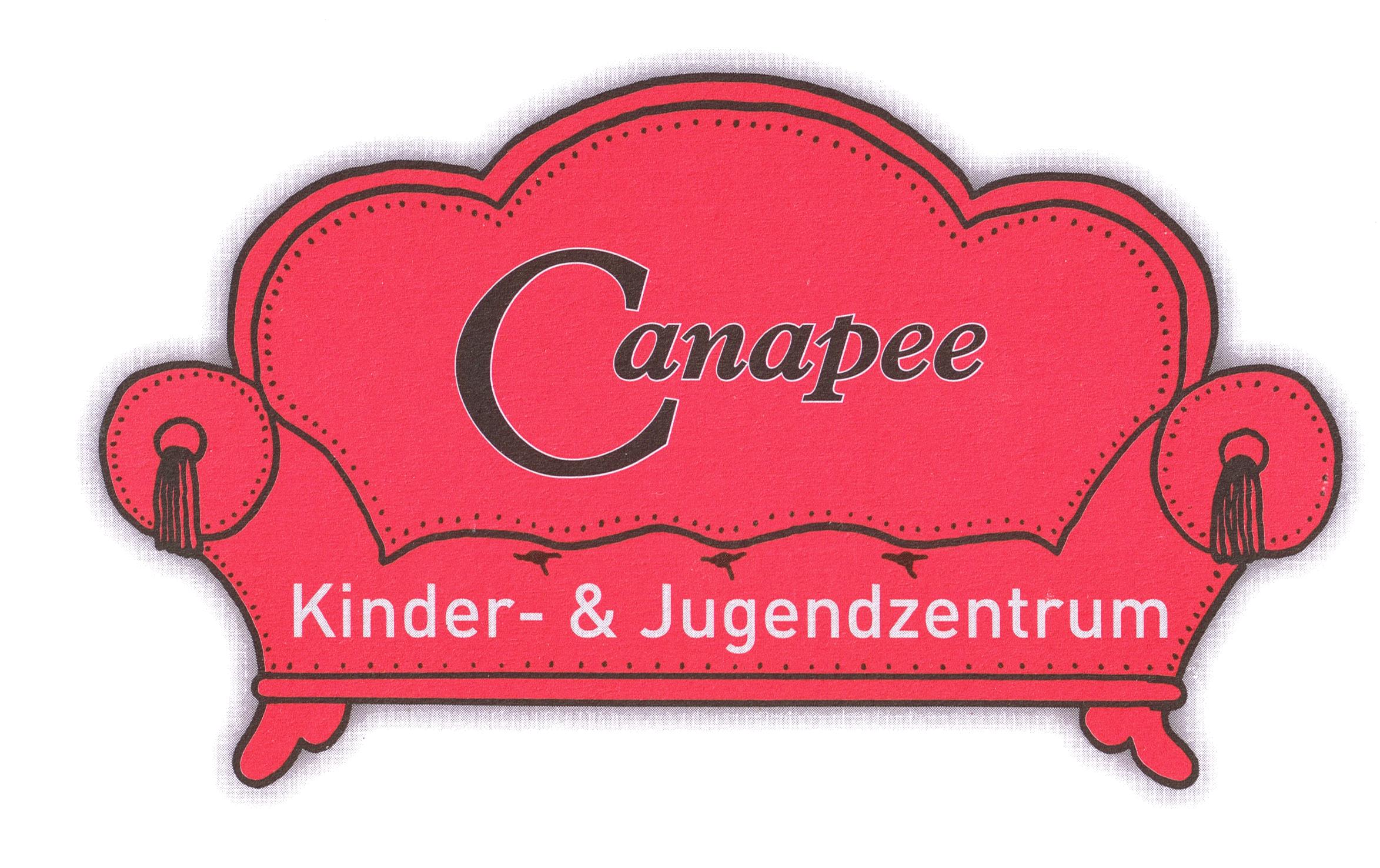 rotes Sofa mit Schriftzug