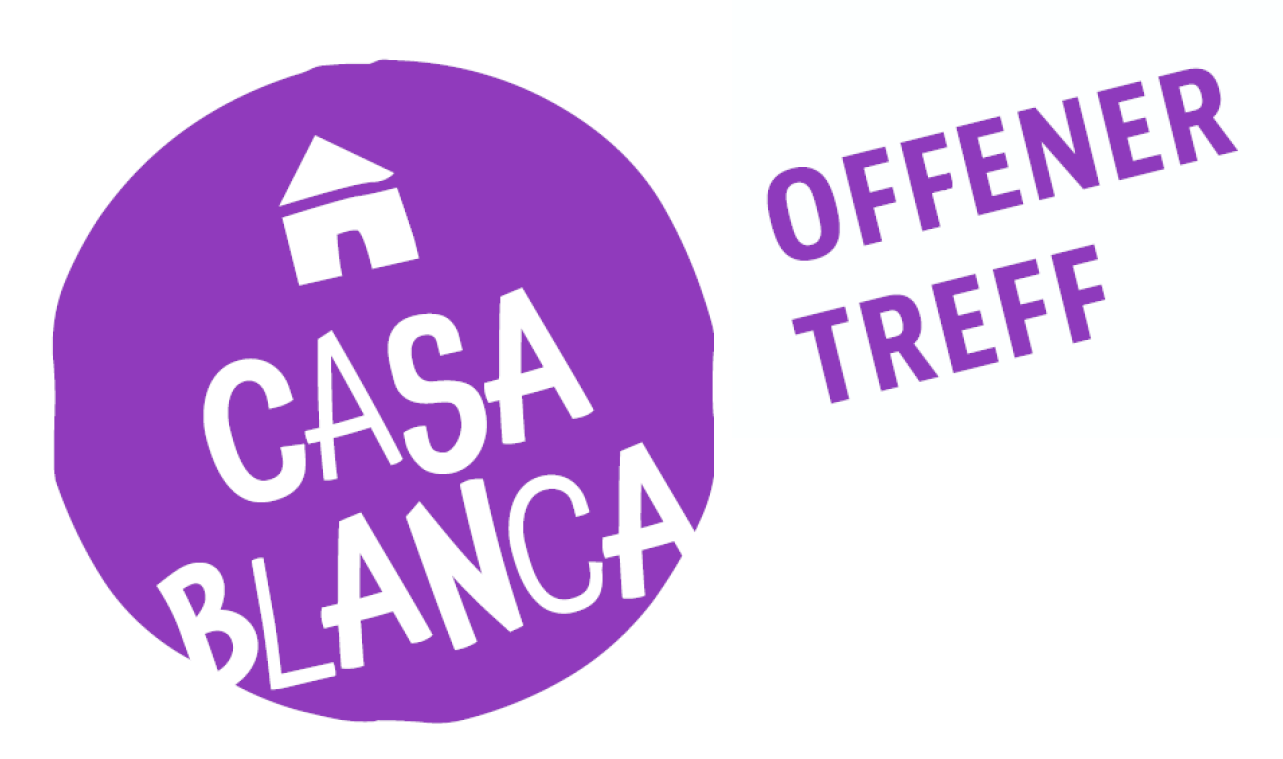 Weiße Schrift auf violettem Kreis mit kleinem Haus, schräggestellt