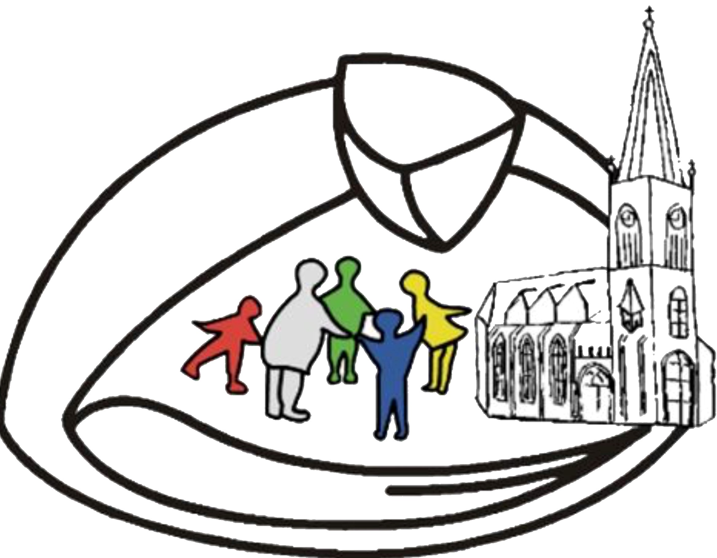 fünf farbige Menschenzeichnungden stehen im Kreis neben einem Kirchengebäude