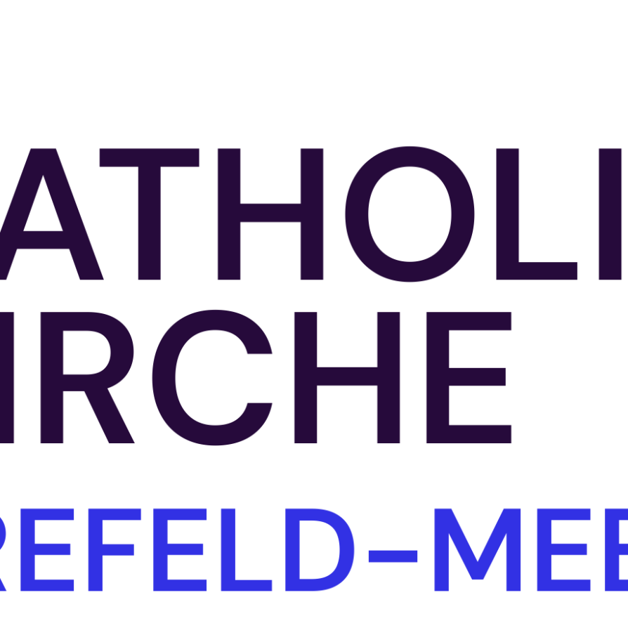 Neun Dreiecke bilden in verschiedenen Blautönen ein Kreuz mit Schrift daneben: Katholische Kirche; Krefeld-Meerbusch