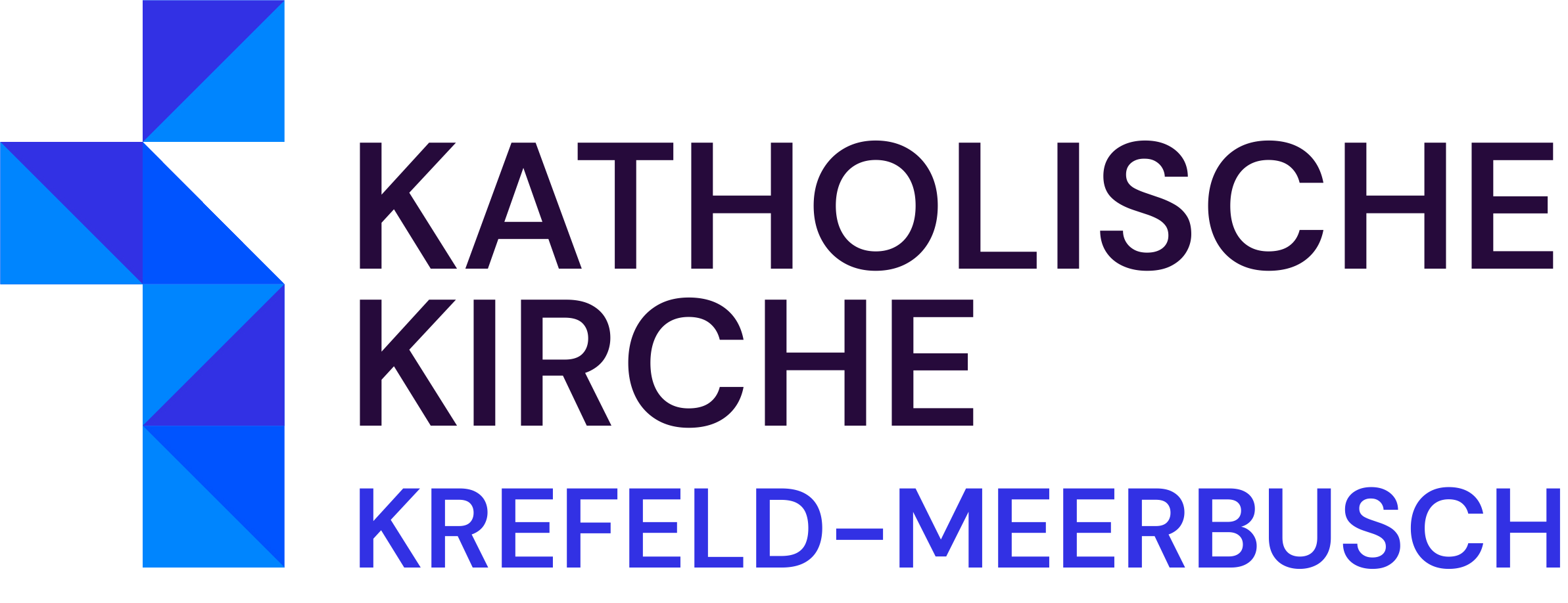 Neun Dreiecke bilden in verschiedenen Blautönen ein Kreuz mit Schrift daneben: Katholische Kirche; Krefeld-Meerbusch (c) Bistum Aachen Neun Dreiecke bilden in verschiedenen Blautönen ein Kreuz mit Schrift daneben: Katholische Kirche; Krefeld-Meerbusch