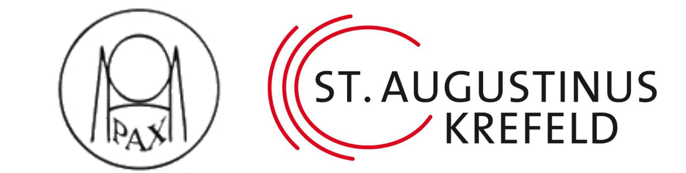 Kreis mit Kirchenspitzen, dazwischen das Wort PAX. Die beiden Kirchenspitzen bilden gleichzeitig den Buchstaben M. Daneben ein weiteres Logo rot Halb und Viertelkreis umrahmen den Beginn des Namens St. Augustinus Krefeld