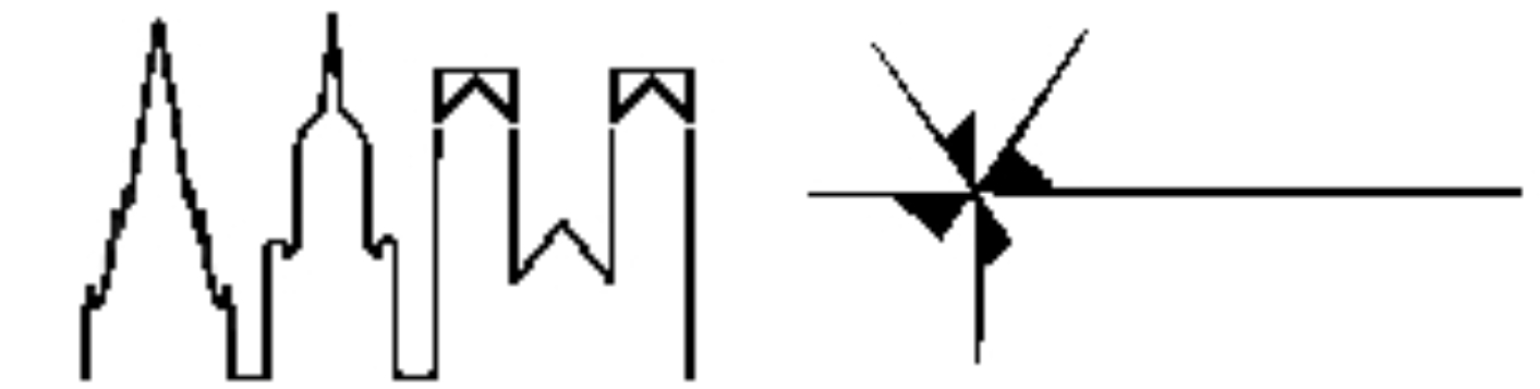 drei verschiedene Kirchturmspitzen als Strichzeichnung, daneben ein waagerechter Strich mit Mühlenflügeln