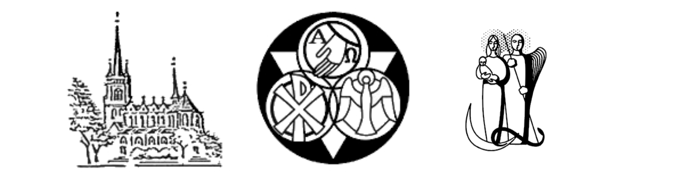 Eine Kirche mit einem Baum davo; daneben ein schwarzer Kreis mit drei ineinander verschlungenen Kreisen mit Symbolen:Hand aus der Wolke, PX und die Friedenstaube; als drittes Logo Mann und Frau mit Kind im Arm auf einer liegenden Mondsichel