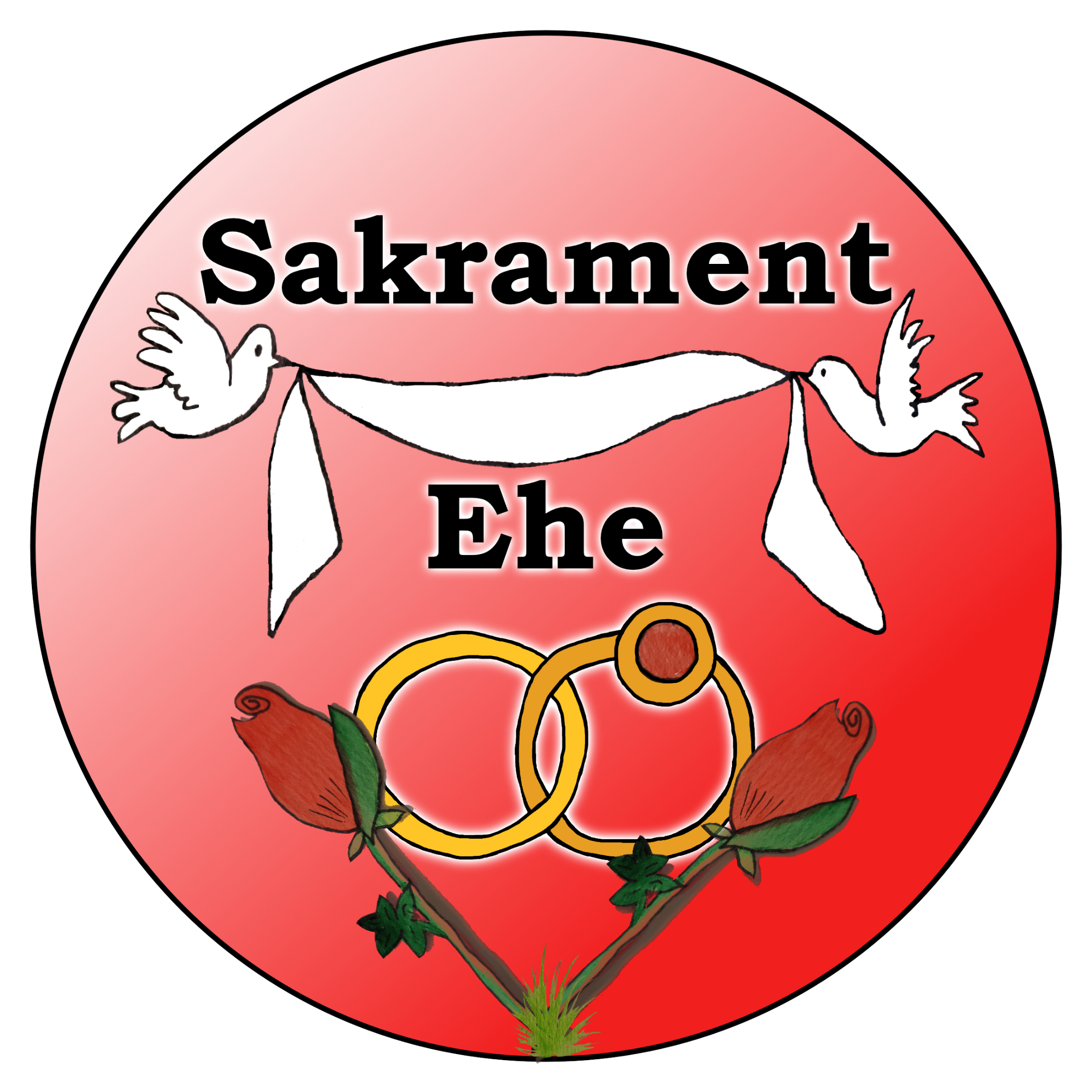 Kreis mit zwei Tauben die ein Band halten, darunter: Eheringe und zwei Rosen