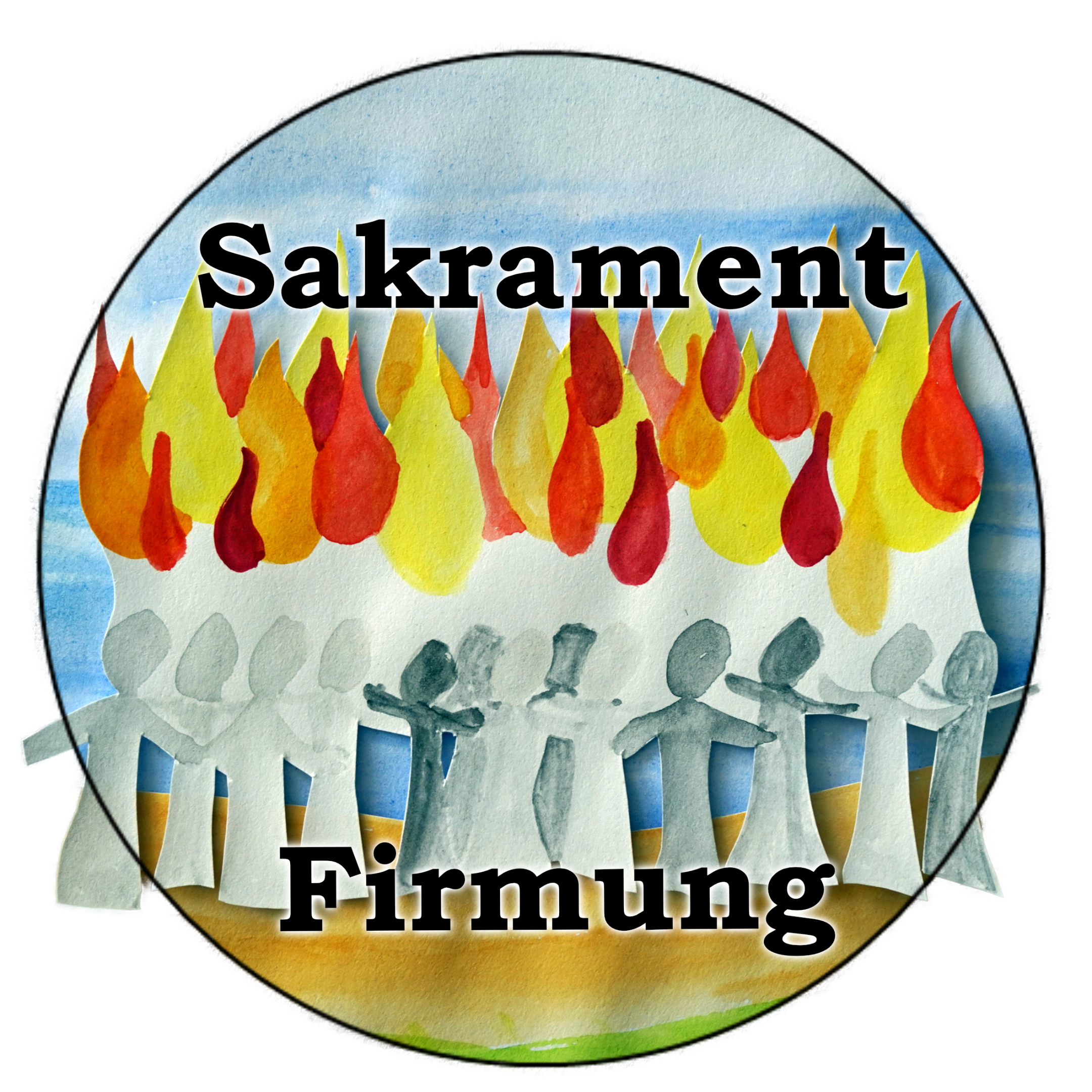 Kreis mit Menschensilhouetten und Feuerzungen