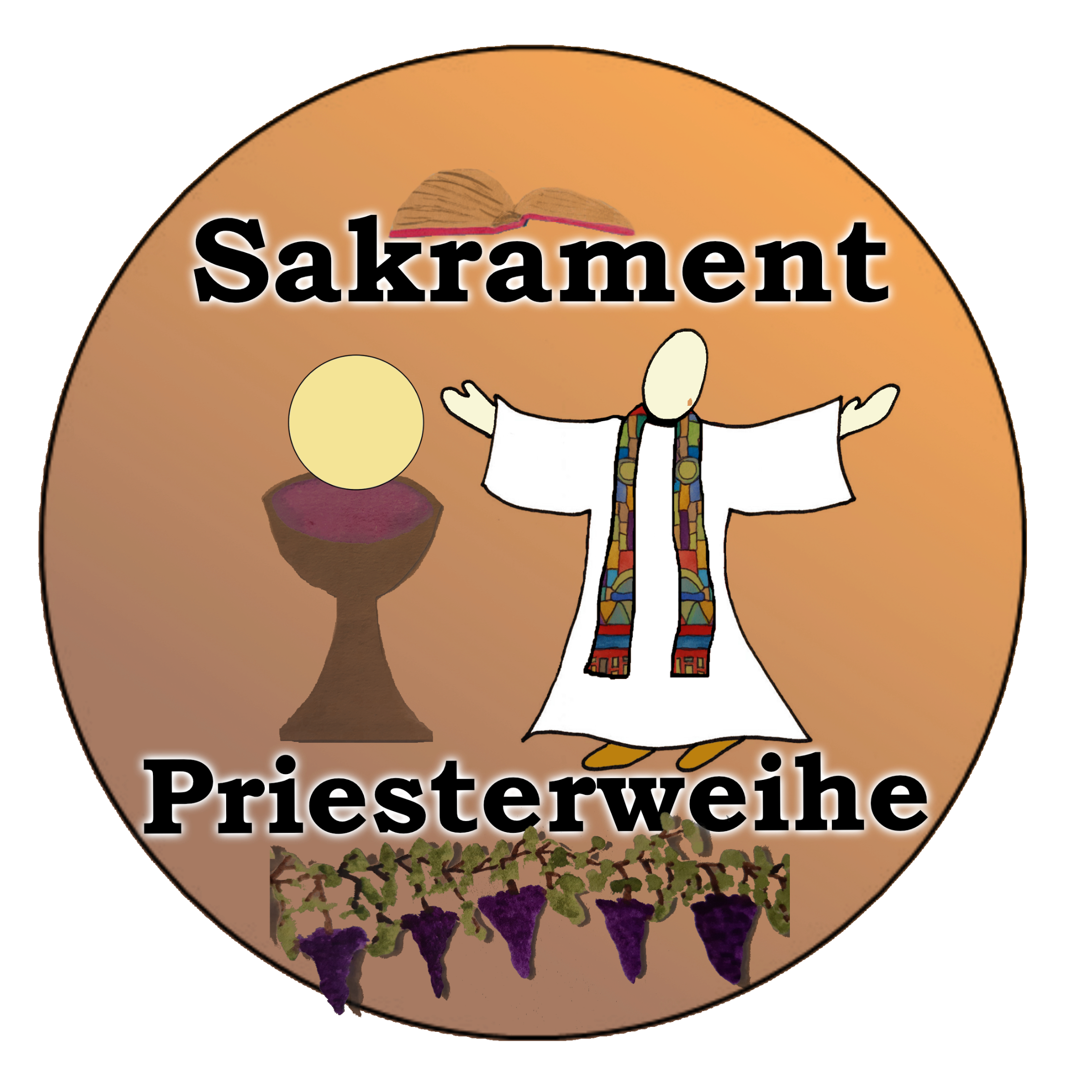 Kreis mit Priester in weißem Gewand und Stola und Kelch mit Hostie darüber