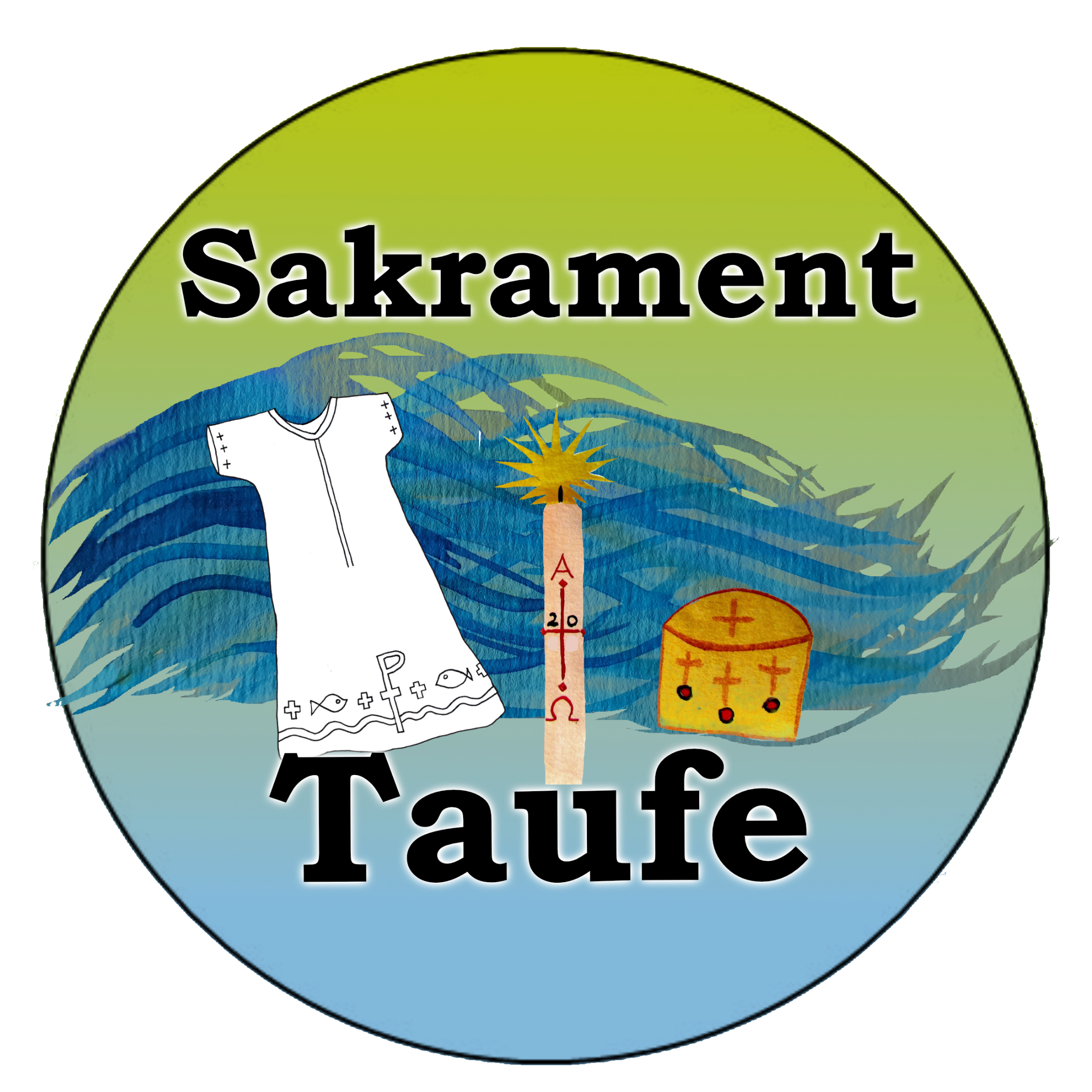 Kreis mit Taufkleid, Kerze, Chrisambehältnis, dahinter Wasser