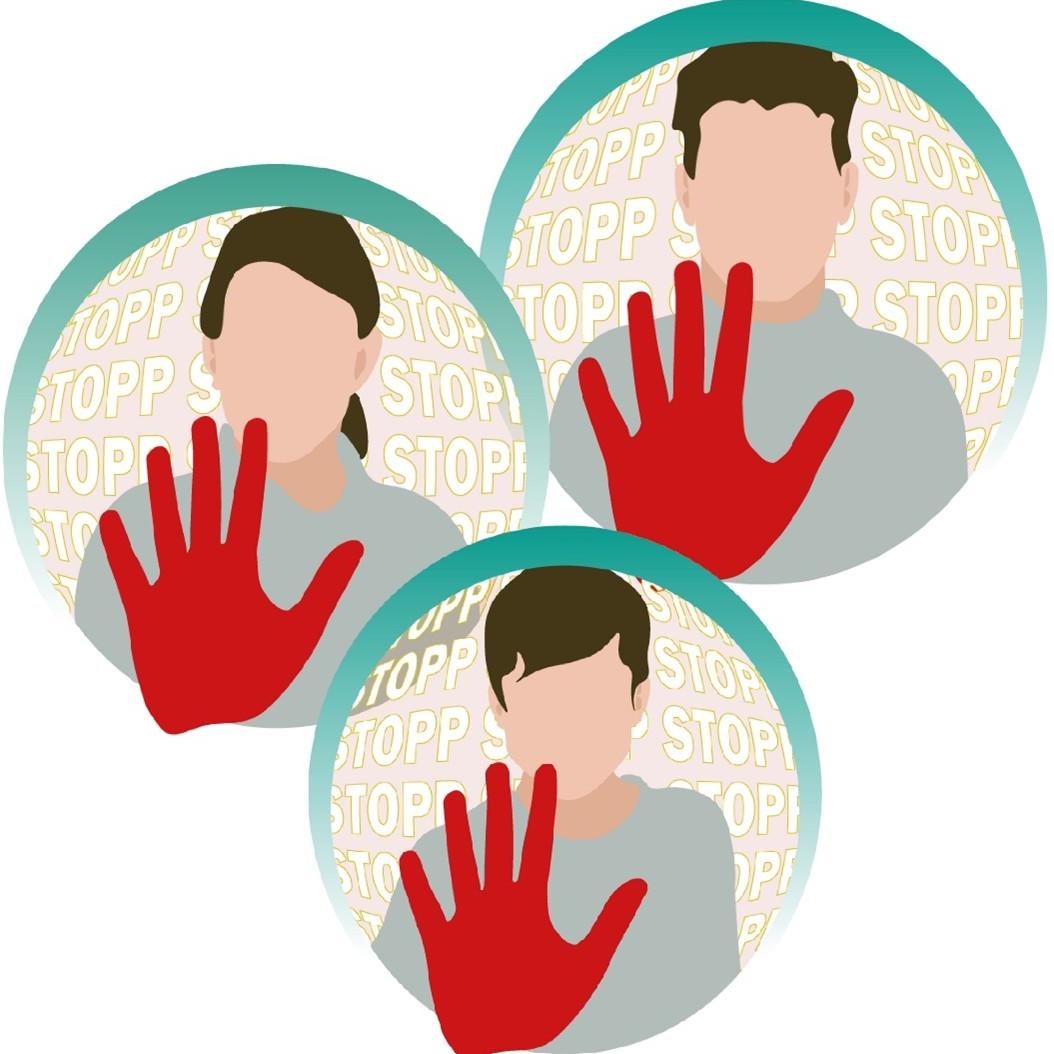 Clipart 3 Personen, die eine rote Hand als Stopschild vor ihren Körper halten