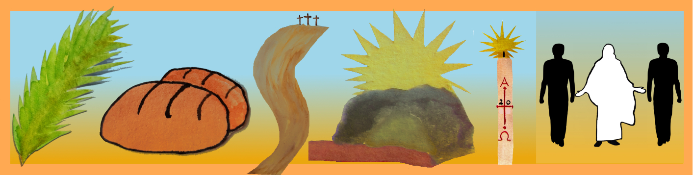 Zeichnung: Palmzweig, Brot, Weg, Grabhöhle, Osterkerze, drei Männer von hinten