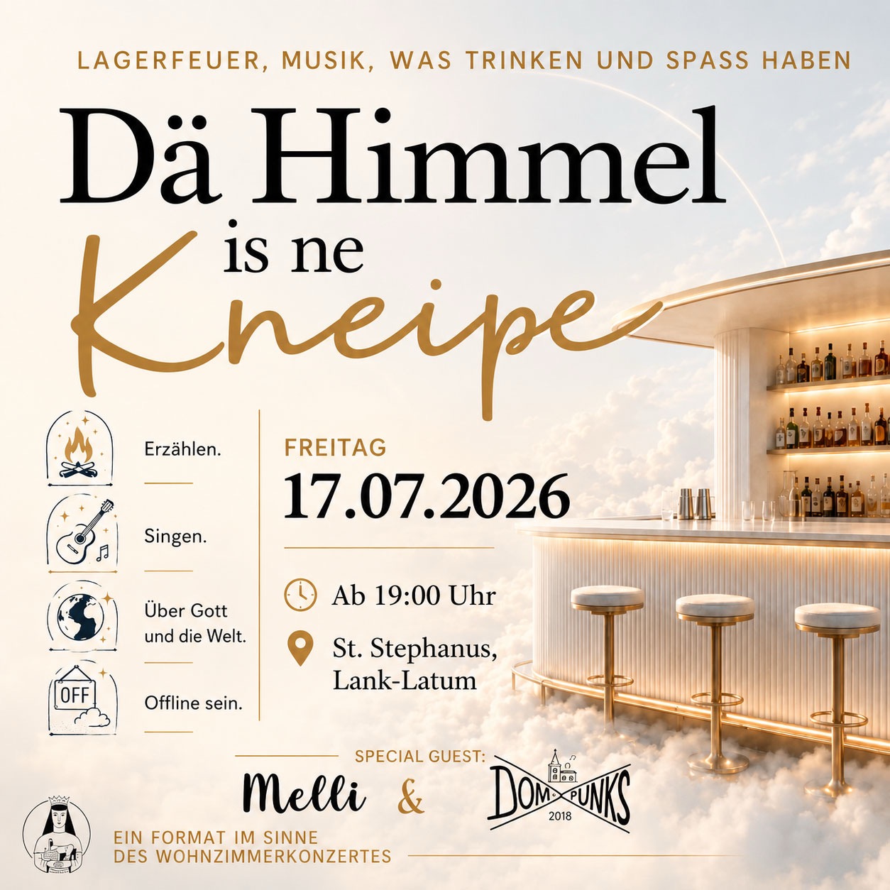 Neben viel Text stehen drei Barhocker vor einem Kneipentresen.
