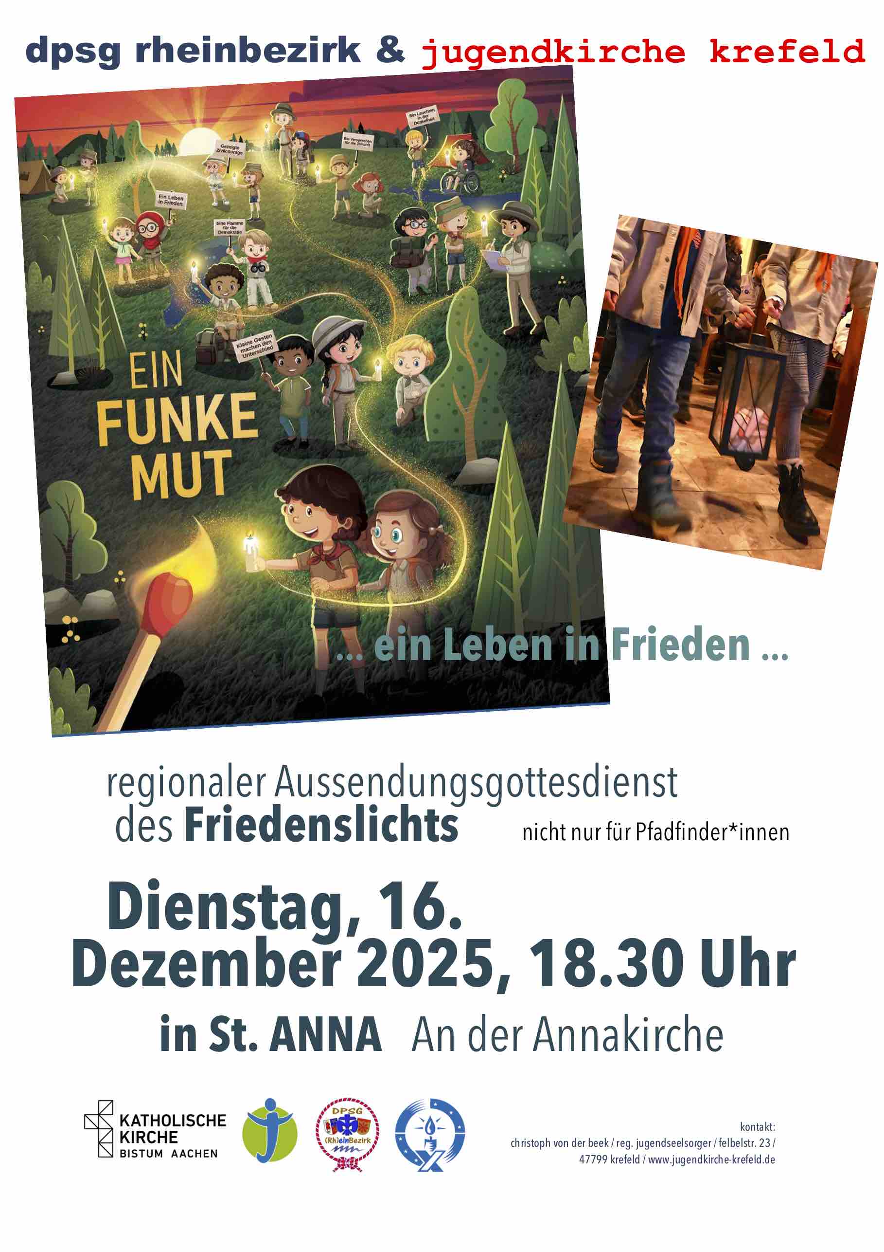 Plakat mit viel Text und Zeichnung mit Menschen im Dunkeln, die ein Licht entzünden