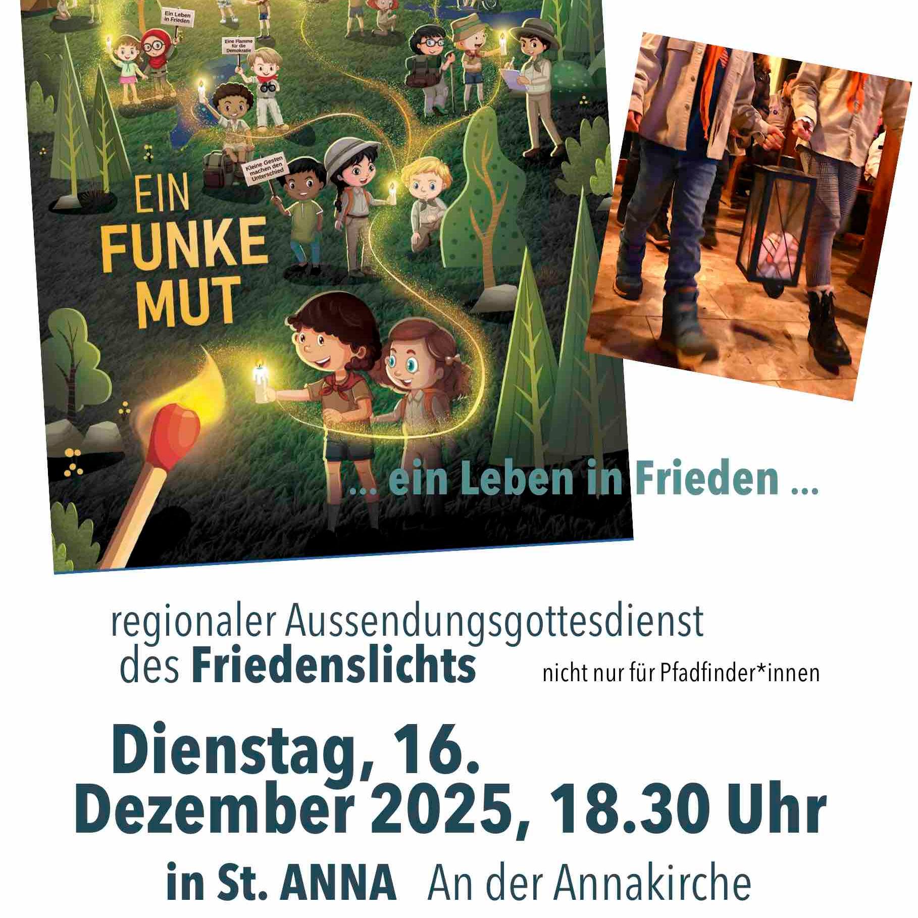 Plakat mit viel Text und Zeichnung mit Menschen im Dunkeln, die ein Licht entzünden