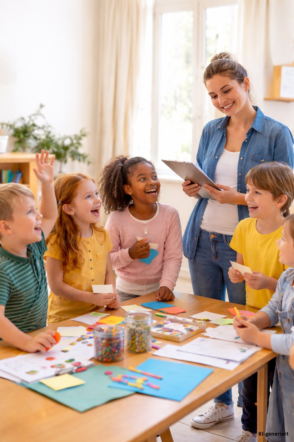 Vier Kinder stehen um einen Tisch und schauend lachend zu einer erwachsenen Frau auf.