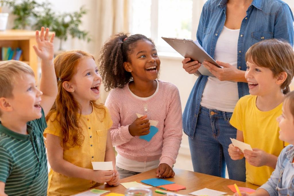 Vier Kinder stehen um einen Tisch und schauend lachend zu einer erwachsenen Frau auf.