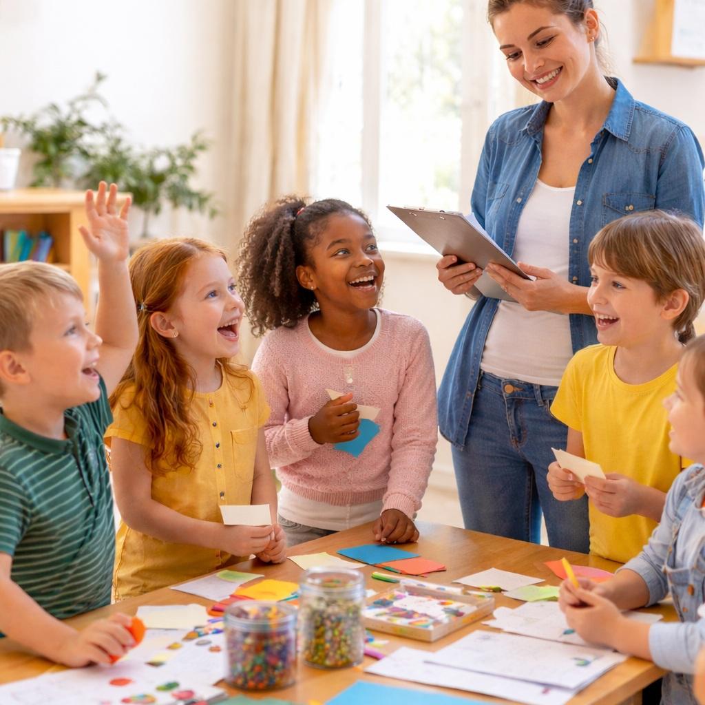 Vier Kinder stehen um einen Tisch und schauend lachend zu einer erwachsenen Frau auf.
