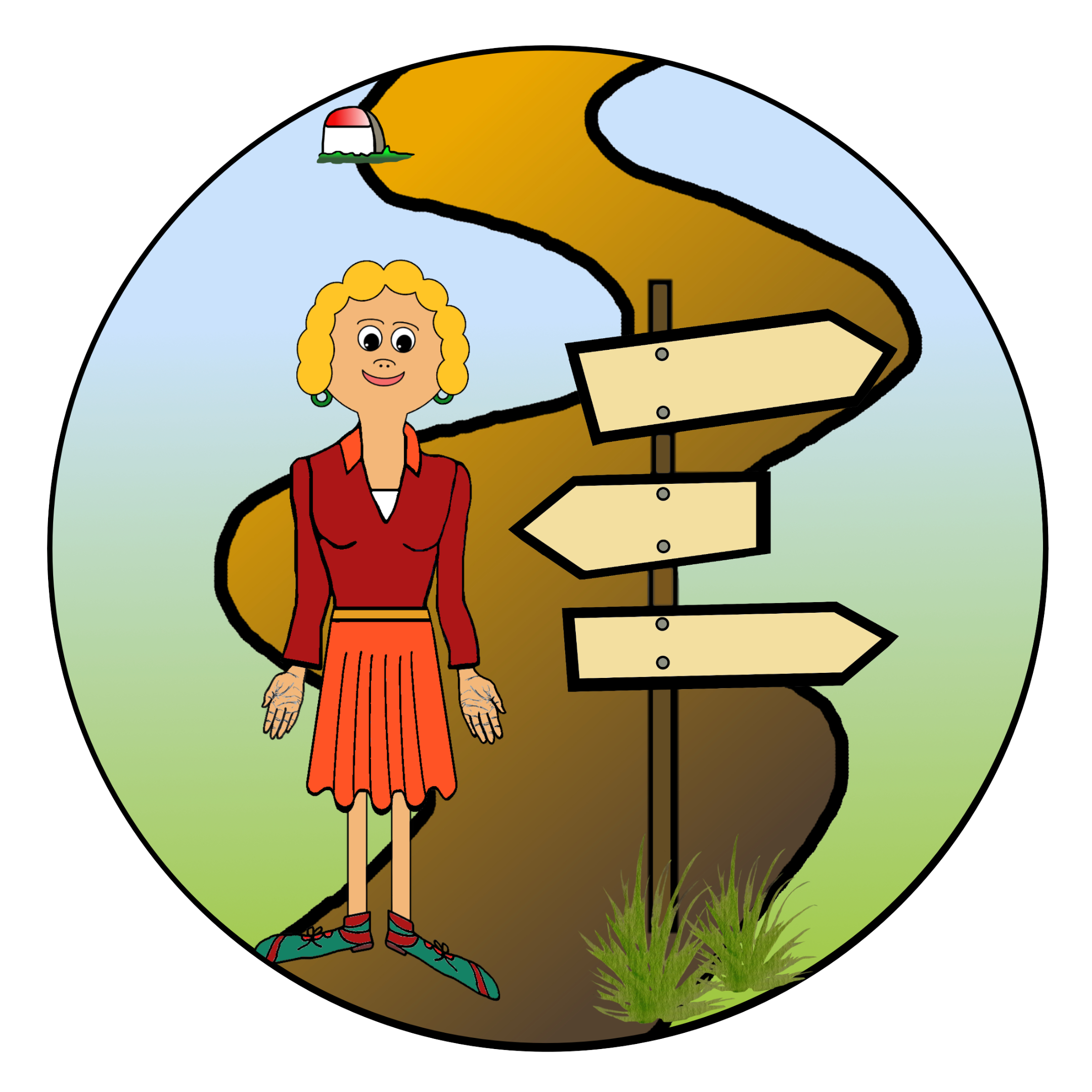 im gemslten Kreis: Frau neben Hinweisschild auf einem Weg