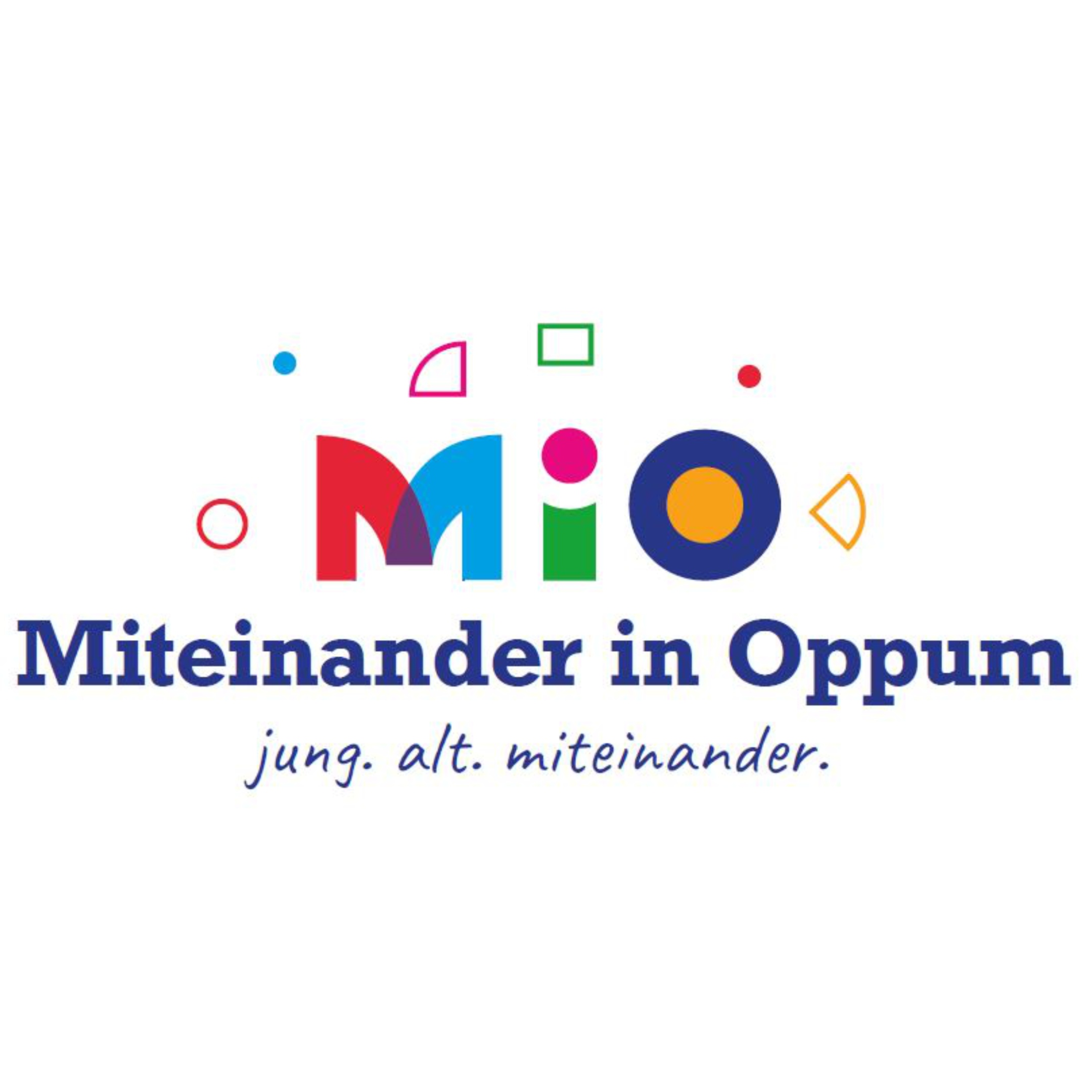 ie Buchstaben M, I und O sind verschiedenfarbig gemalt und werden durch Kreise und Rechtecke umrahmt, darunter der Text: Miteinander in Oppum; jung, alt. miteinander