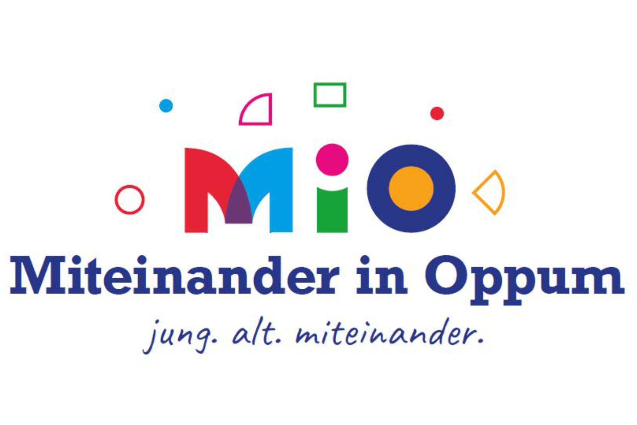 ie Buchstaben M, I und O sind verschiedenfarbig gemalt und werden durch Kreise und Rechtecke umrahmt, darunter der Text: Miteinander in Oppum; jung, alt. miteinander