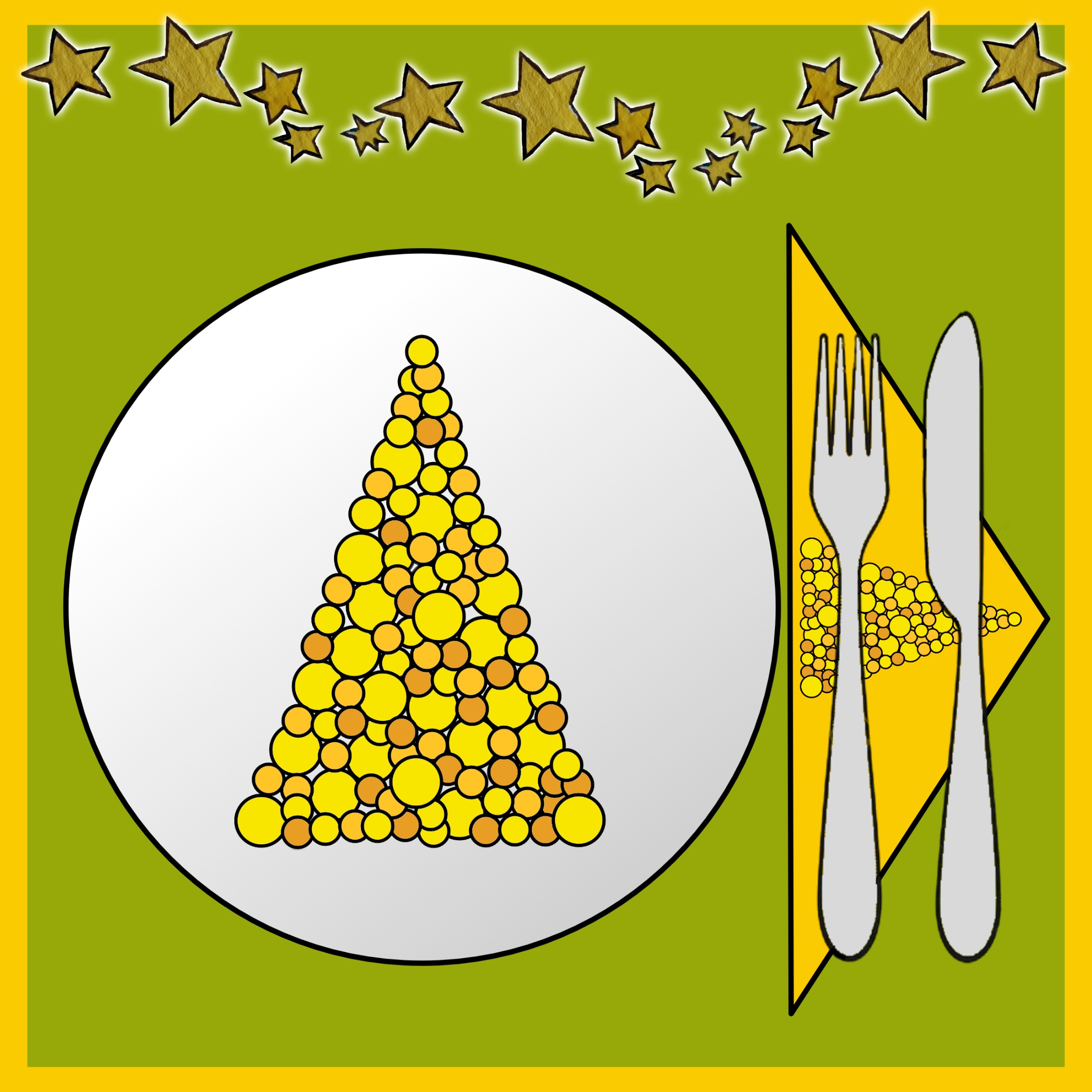Teller mit silisiertem Tannenbaum, daneben eine Serviette und Besteck, darüber Sterne