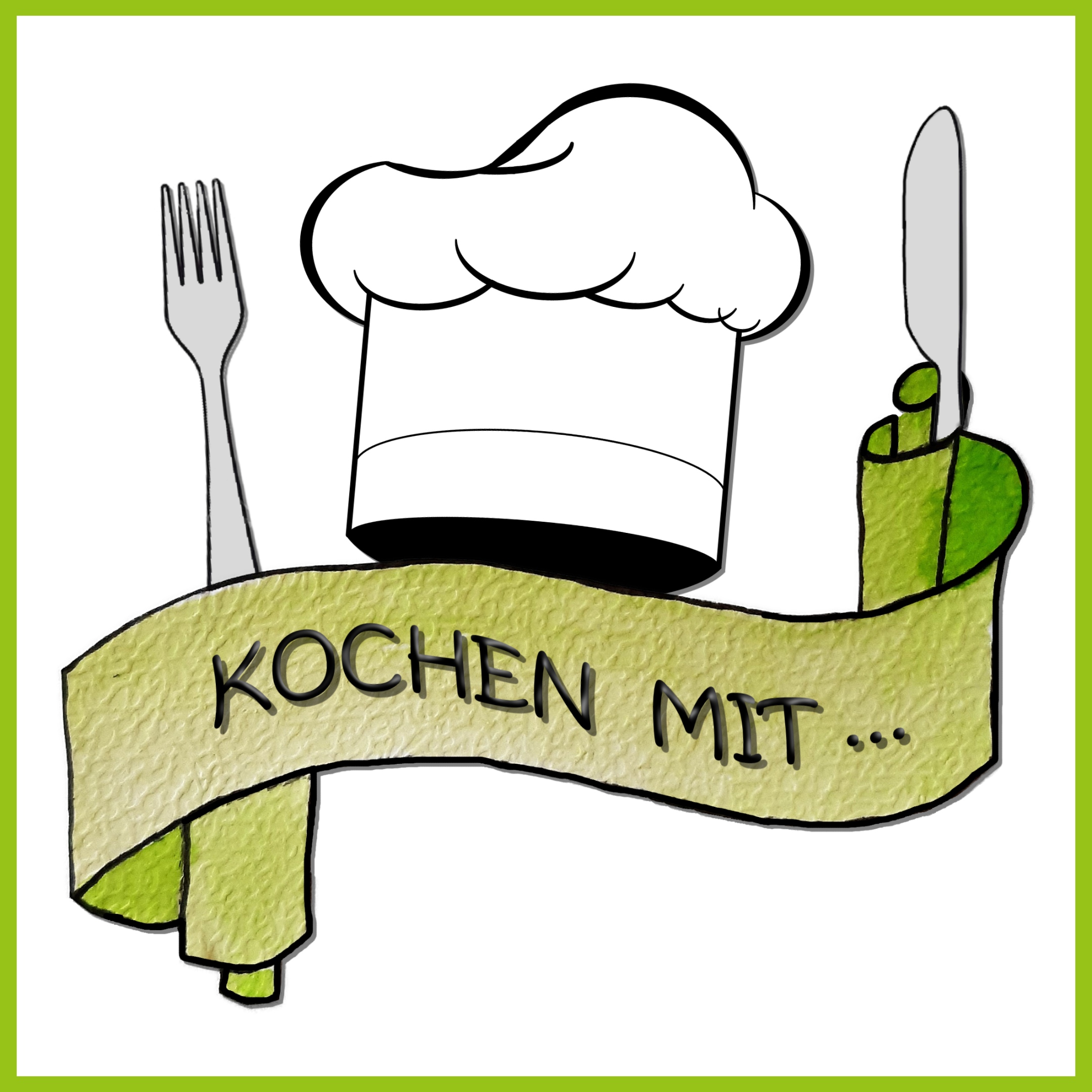 Kochmütze über Schriftbanderole, aus der eine Gabel und ein Messer hervorschauen.