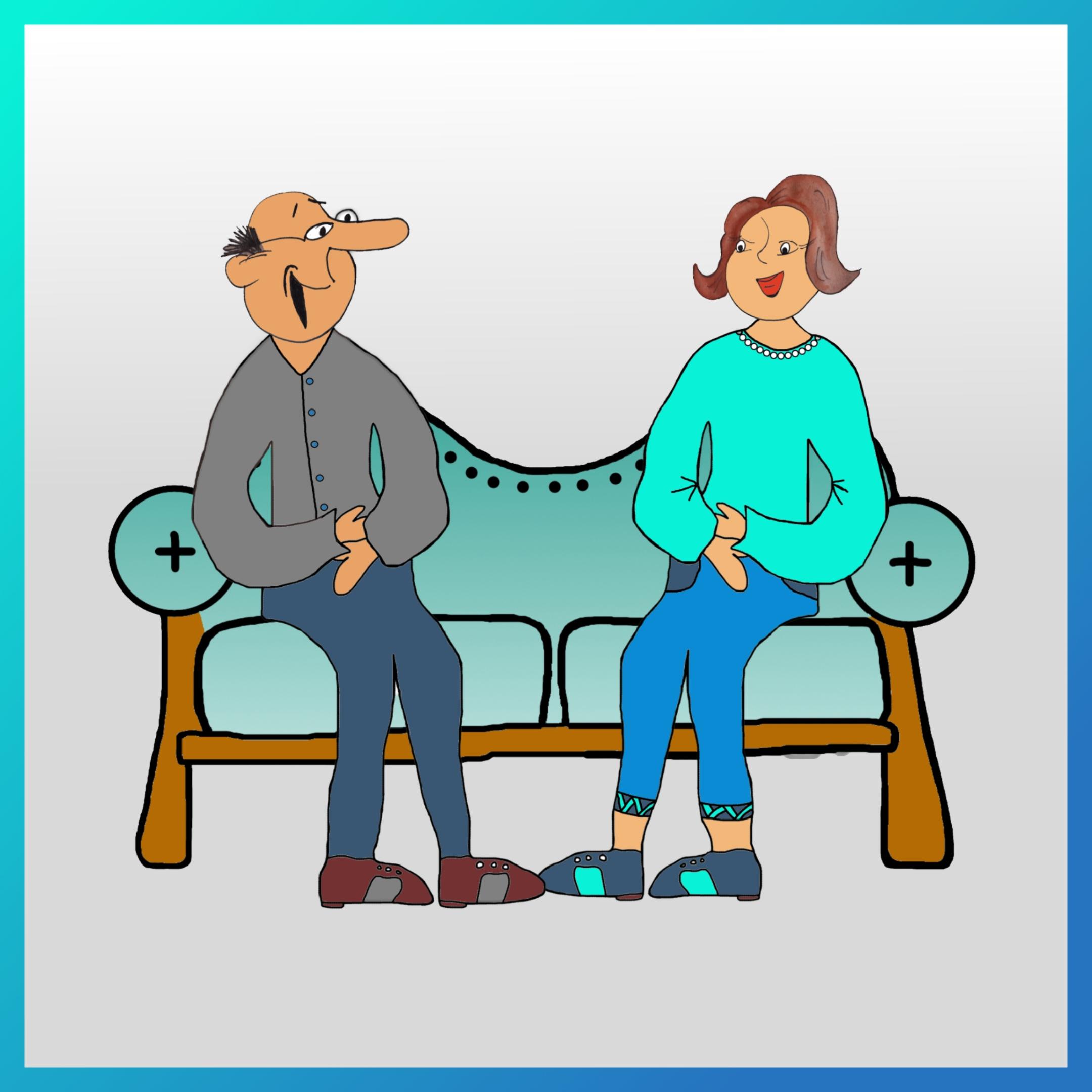 gemaltes Quadrat: Mann und Frau sitzen auf einem Sofa, sich halb zugewand