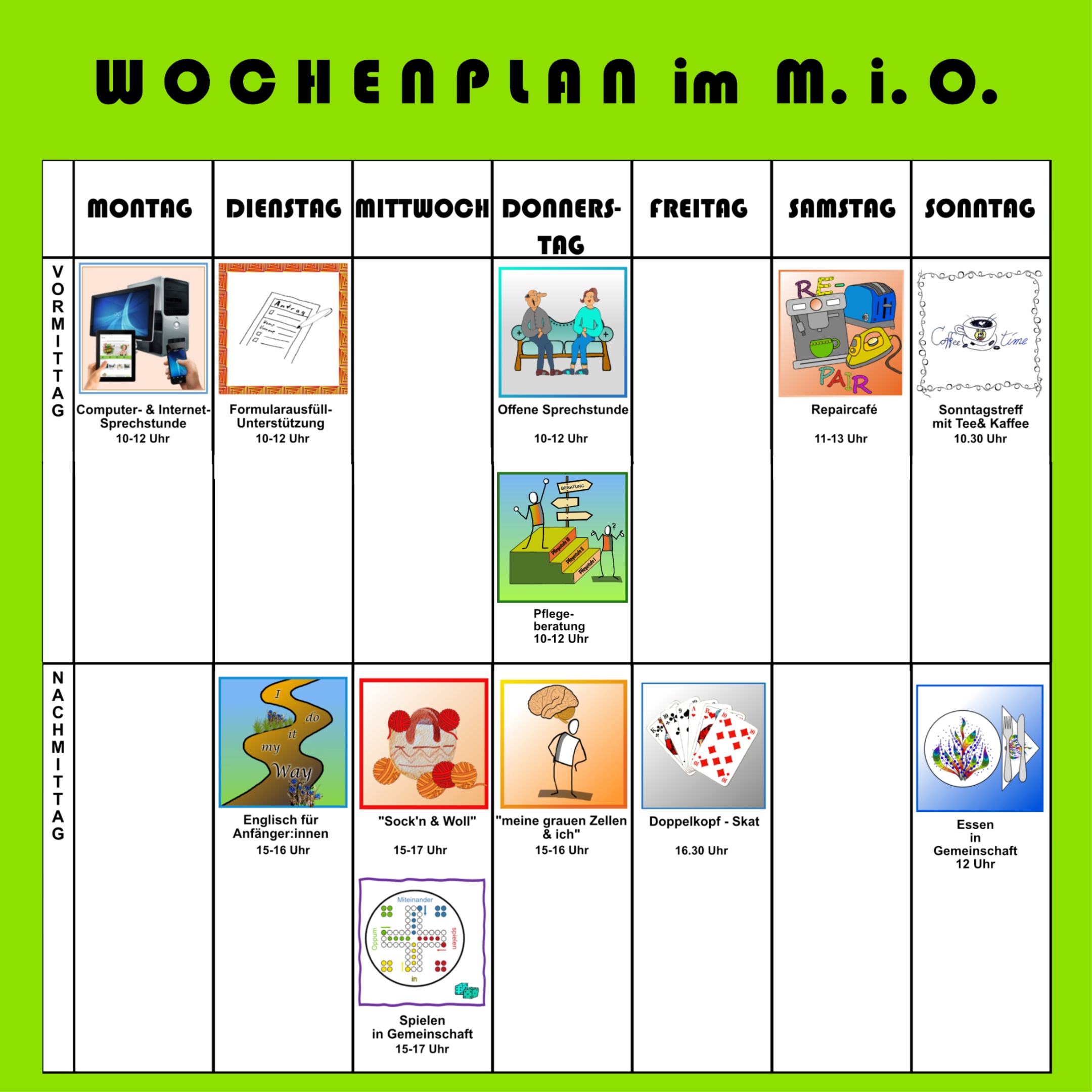 Wochenplan-Übersicht mit den Symbolen zu den Bereichen