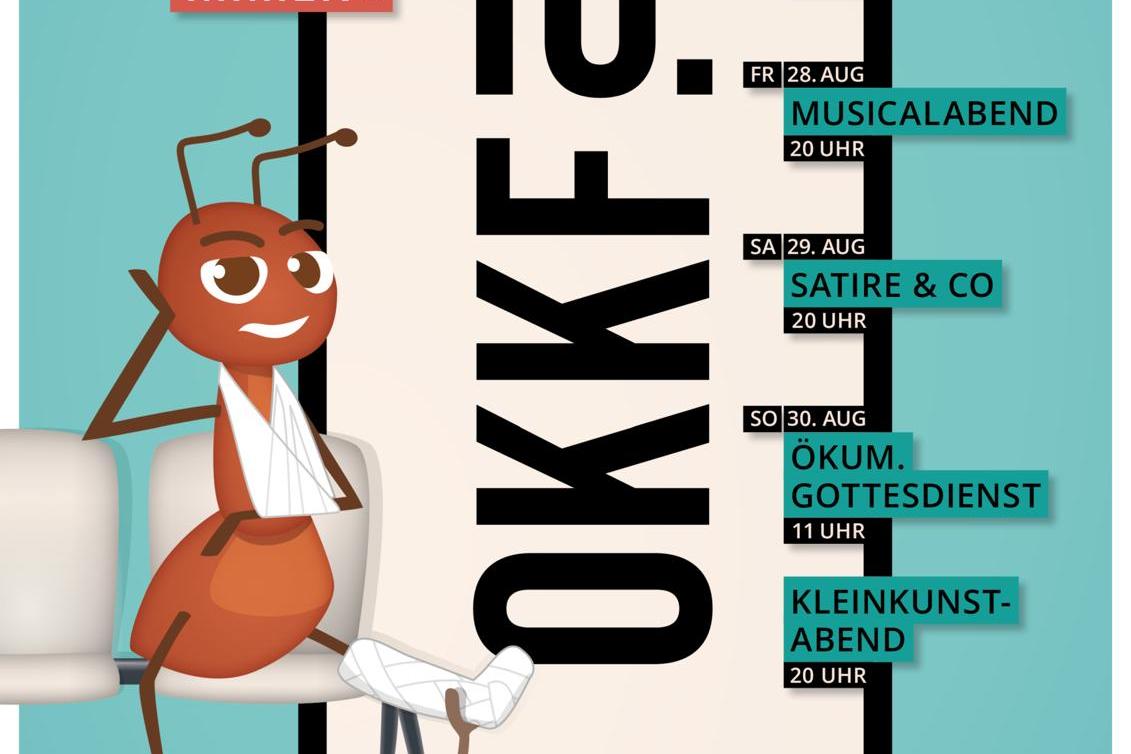 Plakat für das sechzehnte Oppumer Kleinkunstfestival vom 27. bis 30. August 2026 mit Terminen und Veranstaltungen sowie einer gezeichneten Ameise mit Gipsarm auf einem Stuhl.