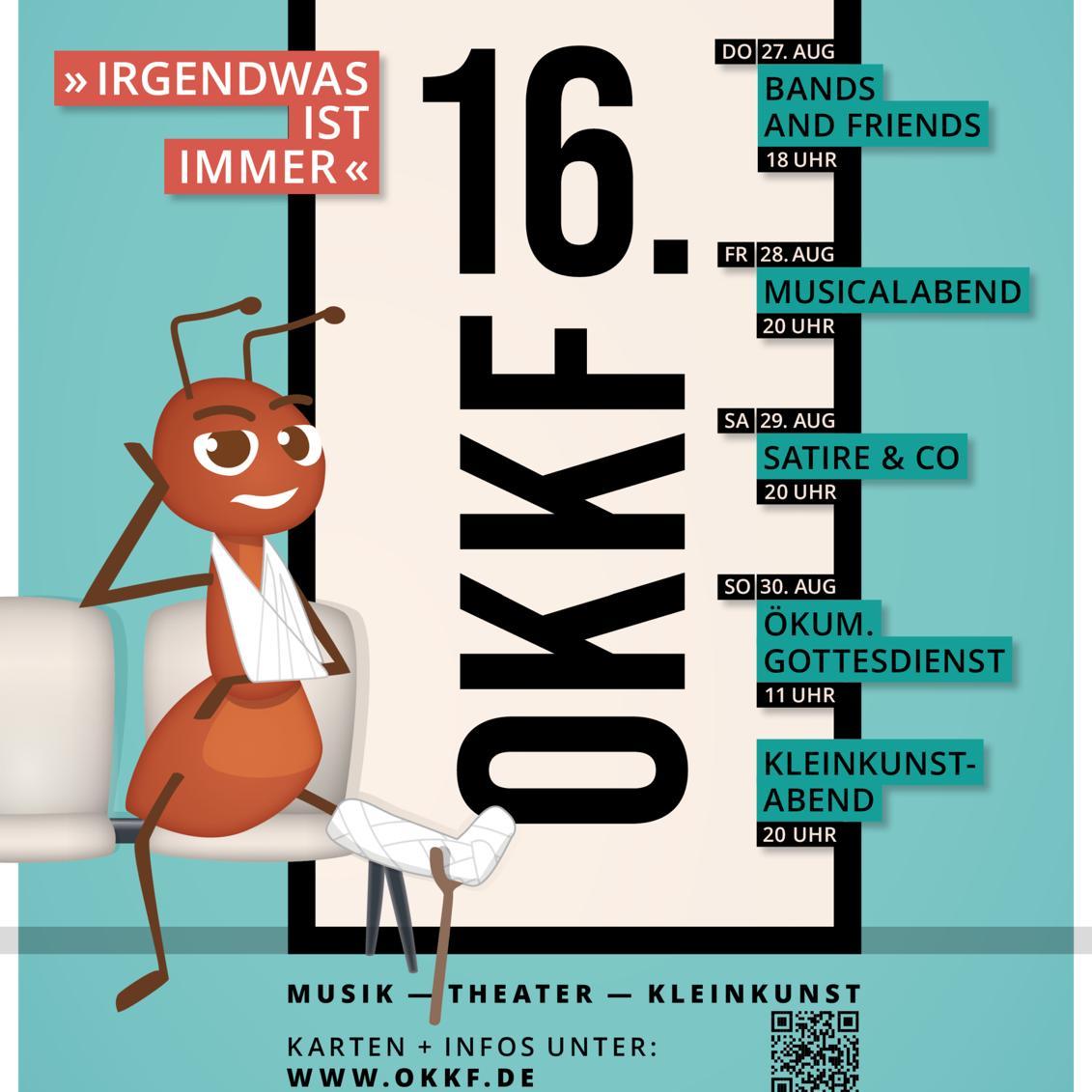 Plakat für das sechzehnte Oppumer Kleinkunstfestival vom 27. bis 30. August 2026 mit Terminen und Veranstaltungen sowie einer gezeichneten Ameise mit Gipsarm auf einem Stuhl.