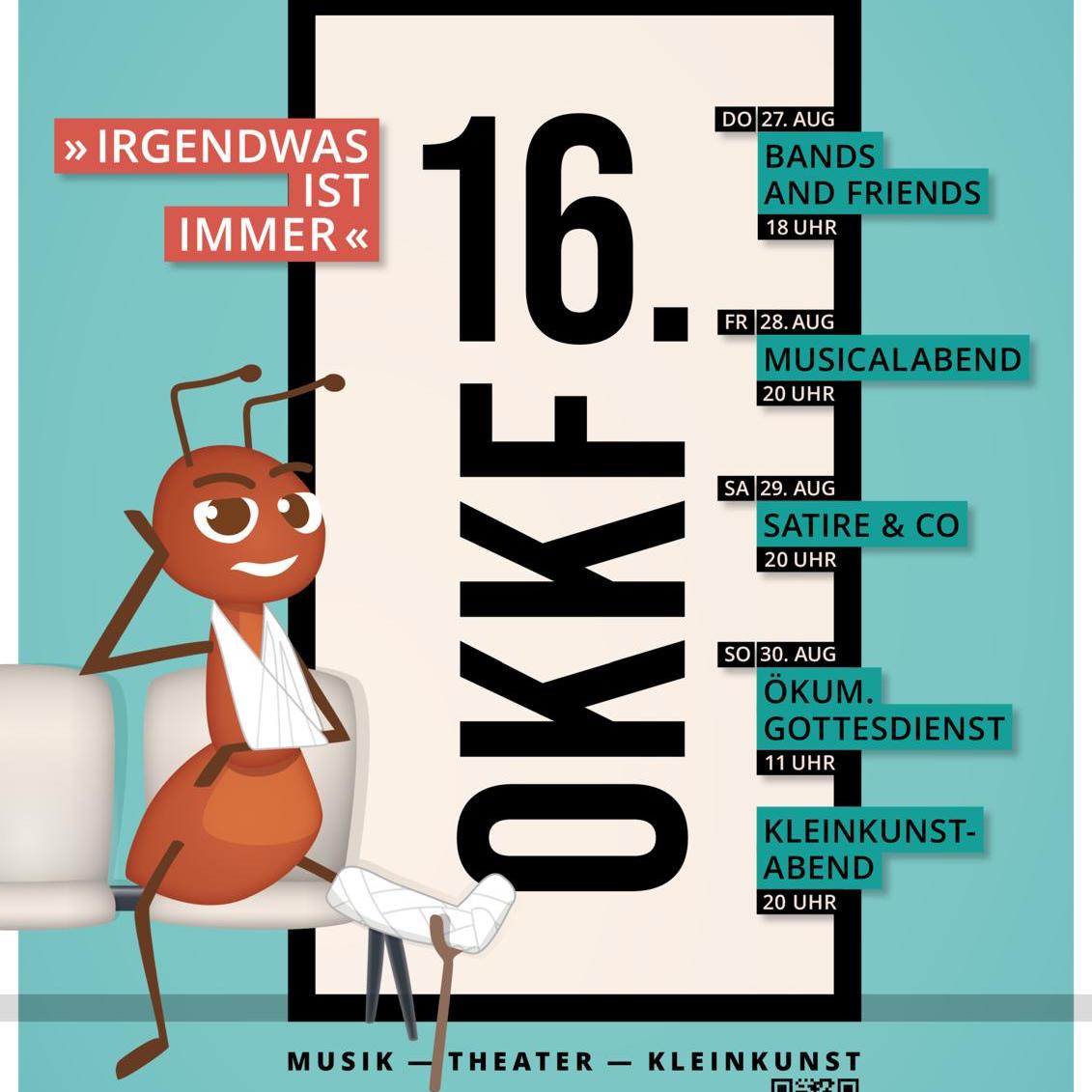 Plakat für das sechzehnte Oppumer Kleinkunstfestival vom 27. bis 30. August 2026 mit Terminen und Veranstaltungen sowie einer gezeichneten Ameise mit Gipsarm auf einem Stuhl.