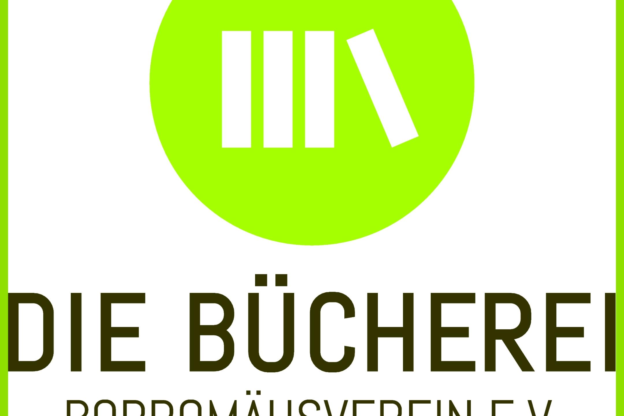 In grünem Rahmen grüner Kreis mit drei stehenden und einem angelehnten Buch in Weiß; darunter Schrift: 'Die Bücherei', Borromäusverein e.V.