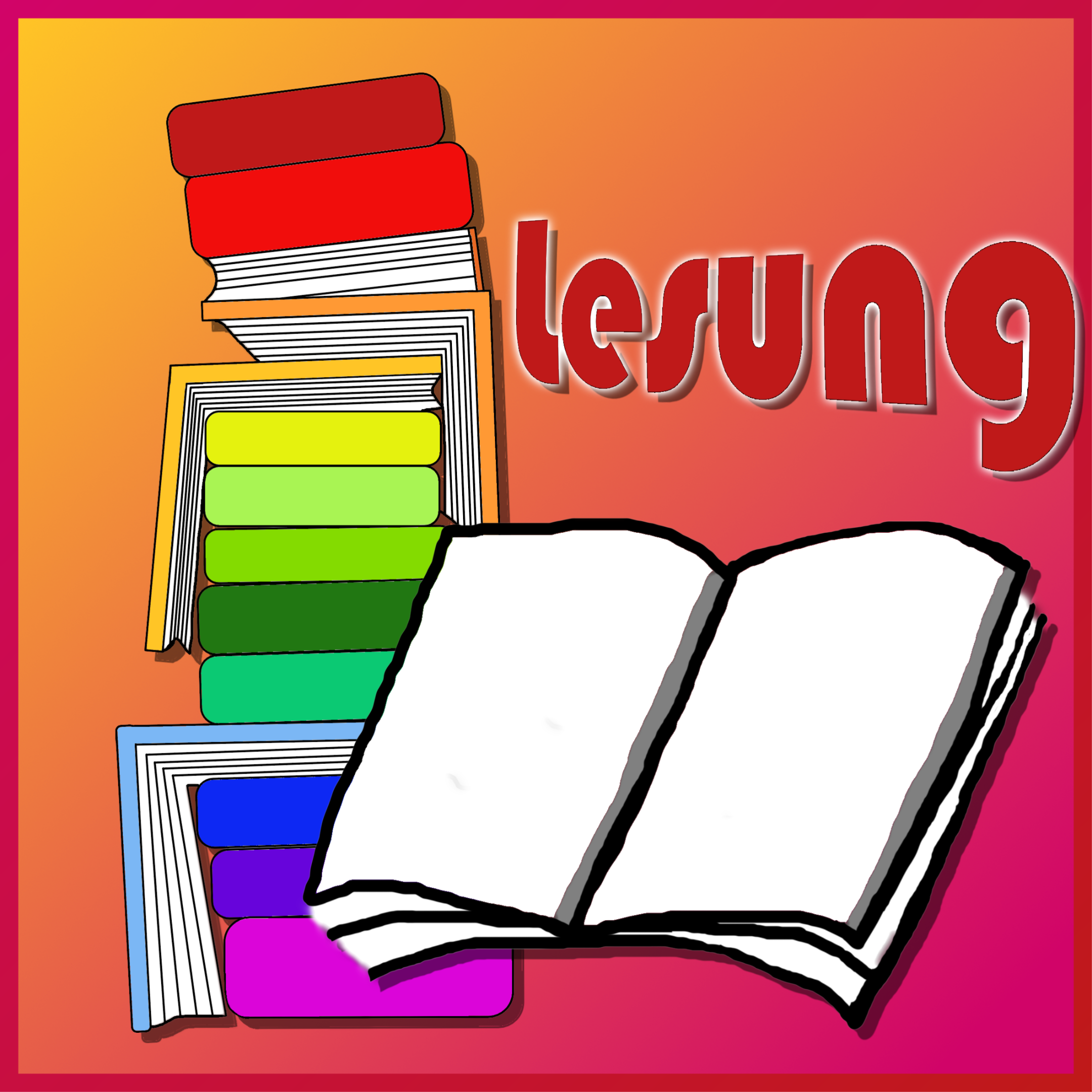Quadrat mit rotem Rahmen: Bücherstapel, ein leeres offenes Buch und das Wort 'Lesung'