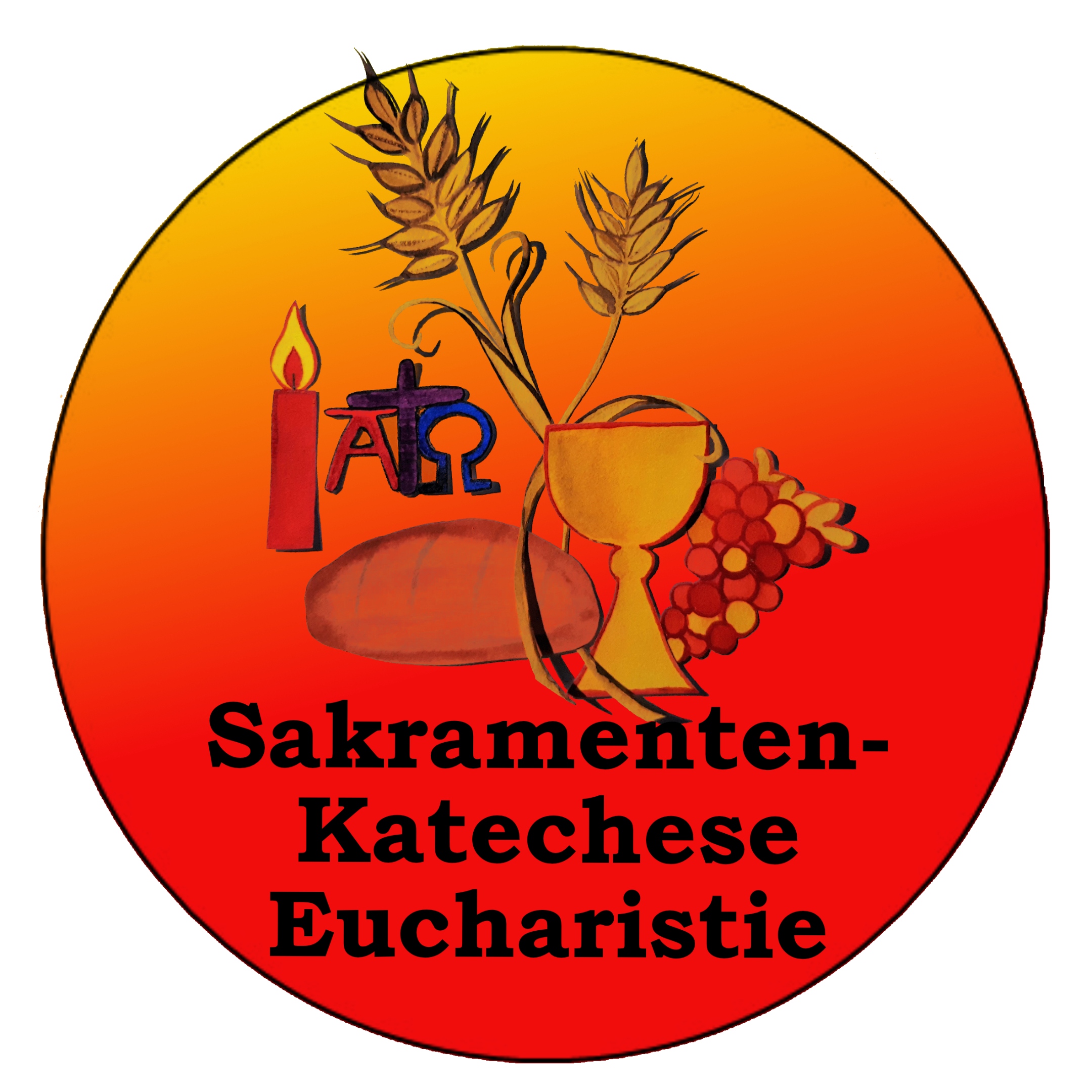 gemaltes Kreisbild: Wort 'Sakramentenkatechese Eucharistie', darüber Brot, Kelch, Trauben, Kerzen, Alpha und Omega, Ähren in Rottönen