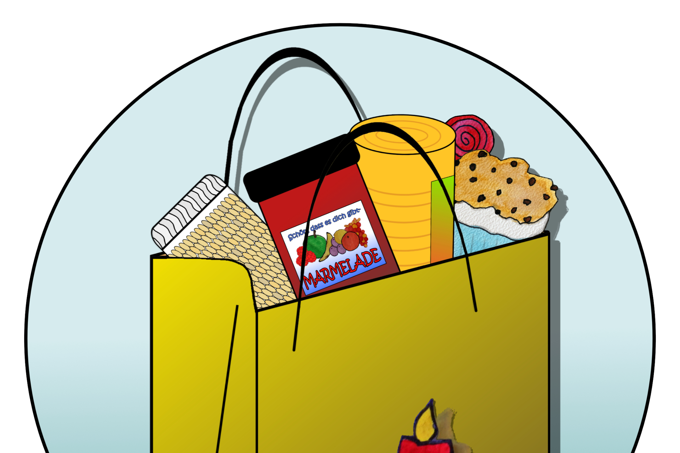 gemaltes Kreisbild: Tüte mit Konserven, Marmeladenglas und Muffin, davor brennende Kerze mit Tannengrün