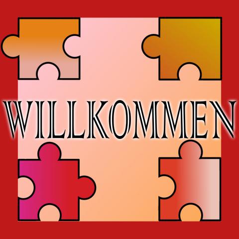 Kleineres innquadrat mit vier Puzzleteilen in den vier Ecken; in der Mitte: 'Willkommen'